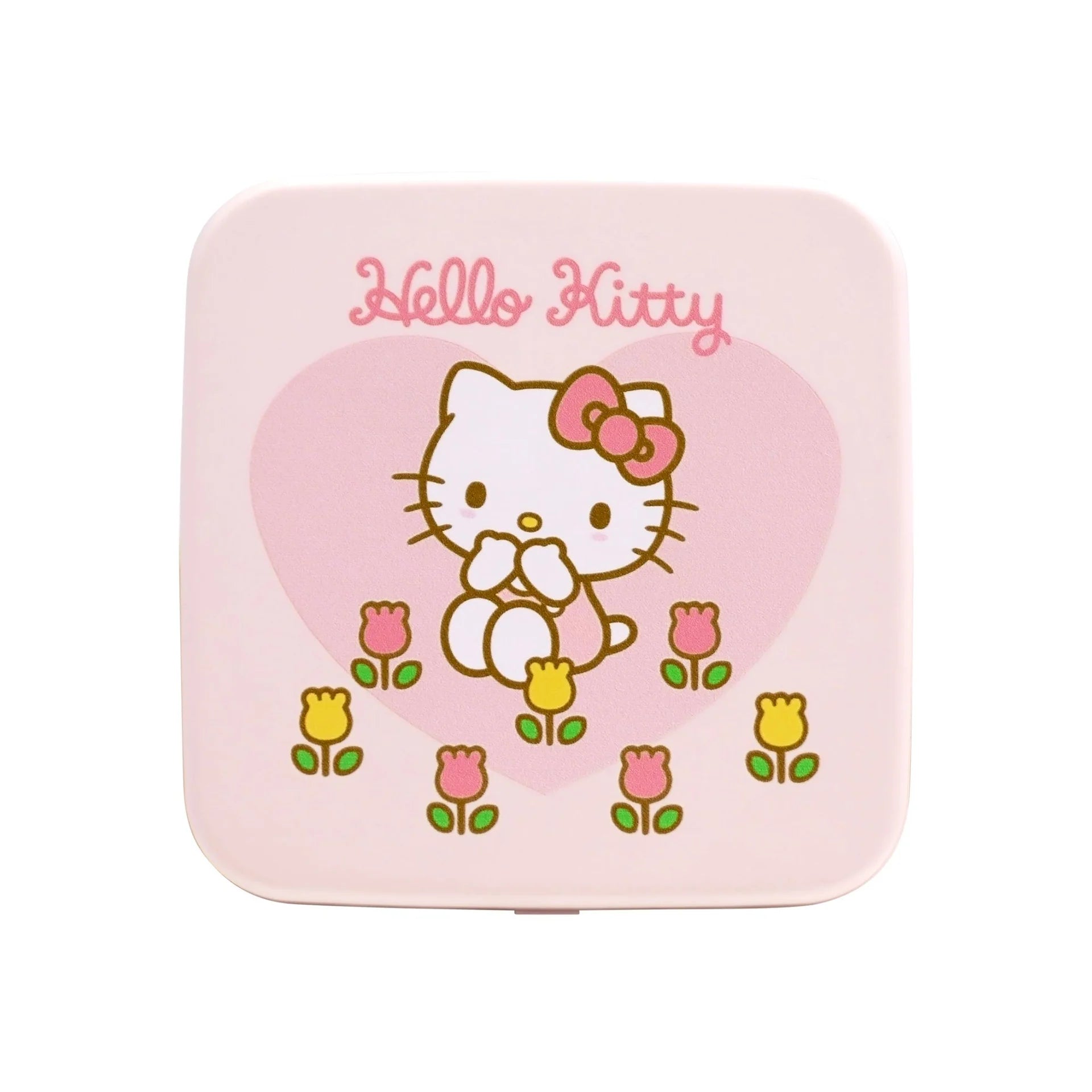 Square pink plate with Hello Kitty design on a white background
