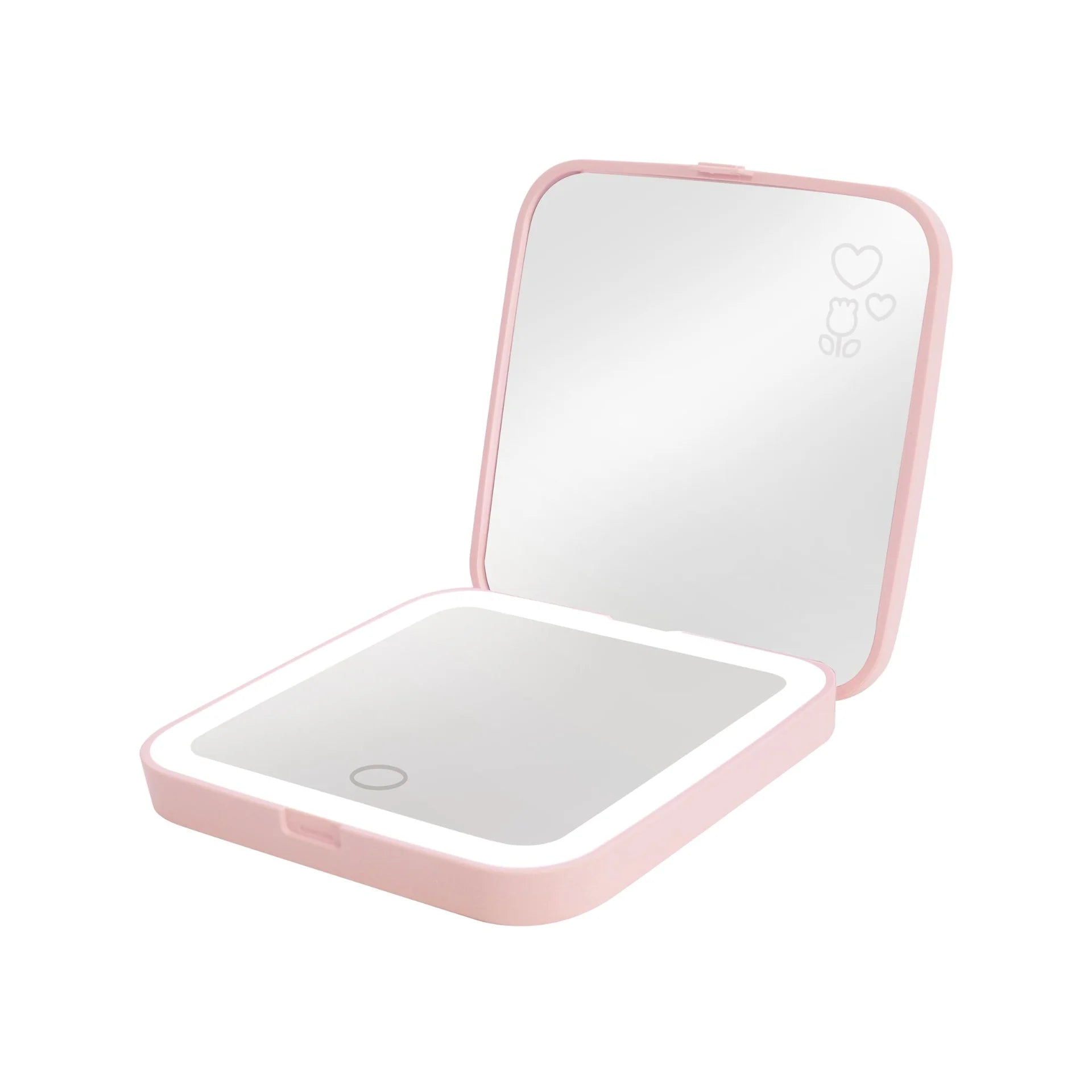 Pink makeup mirror with LED lights on a white background