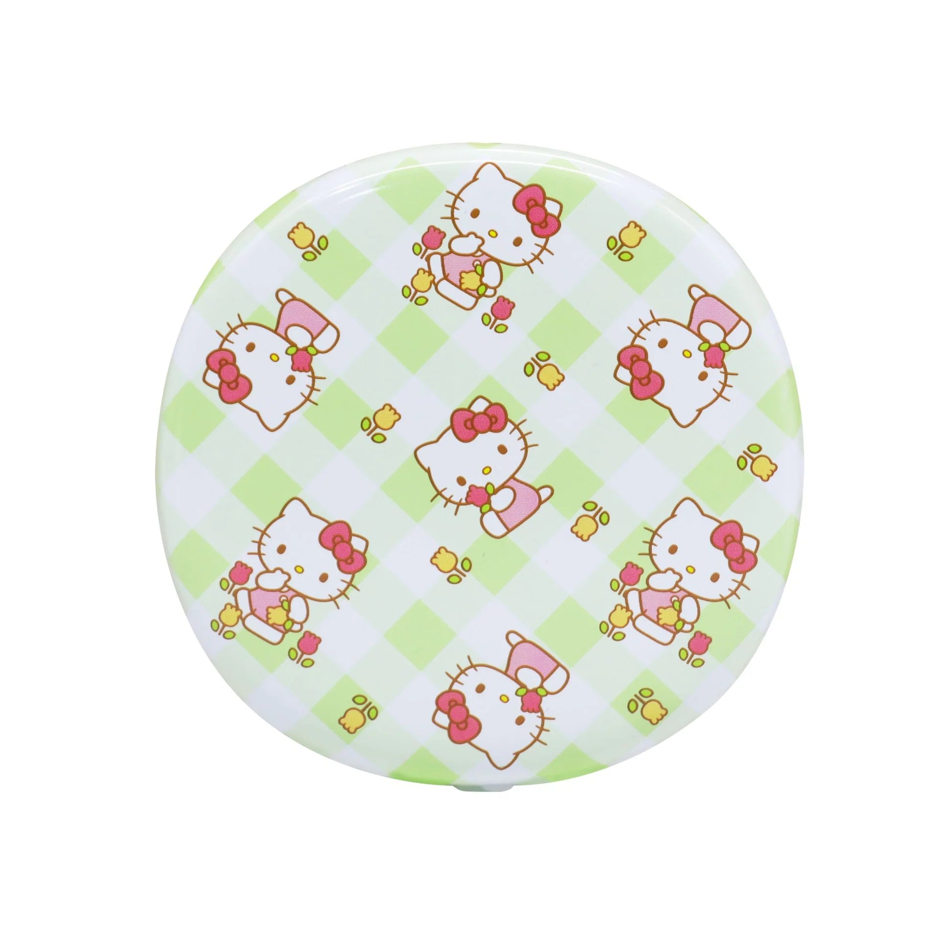 Circular object with Hello Kitty pattern on a white background
