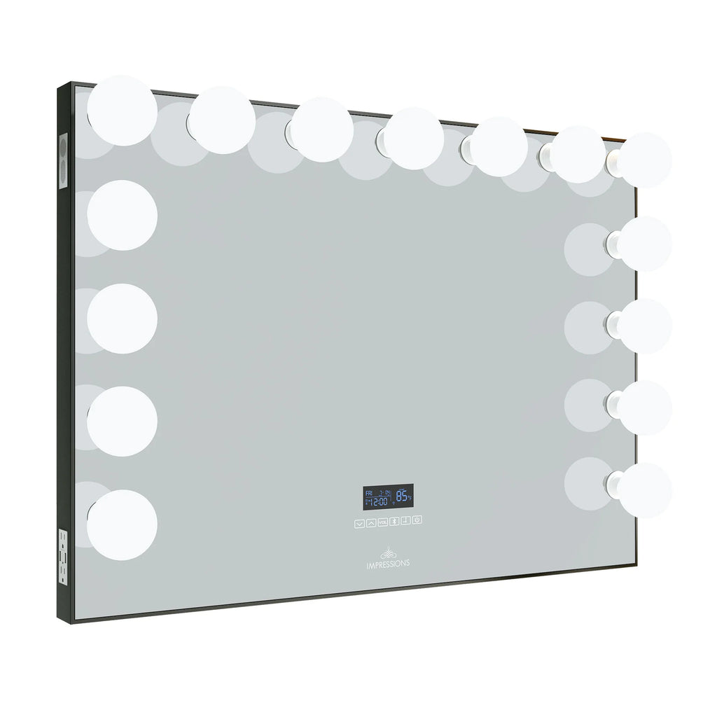 Large black Hollywood-style vanity mirror with LED globe bulbs, touch controls, built-in digital clock display, Bluetooth speaker, and side power outlets.