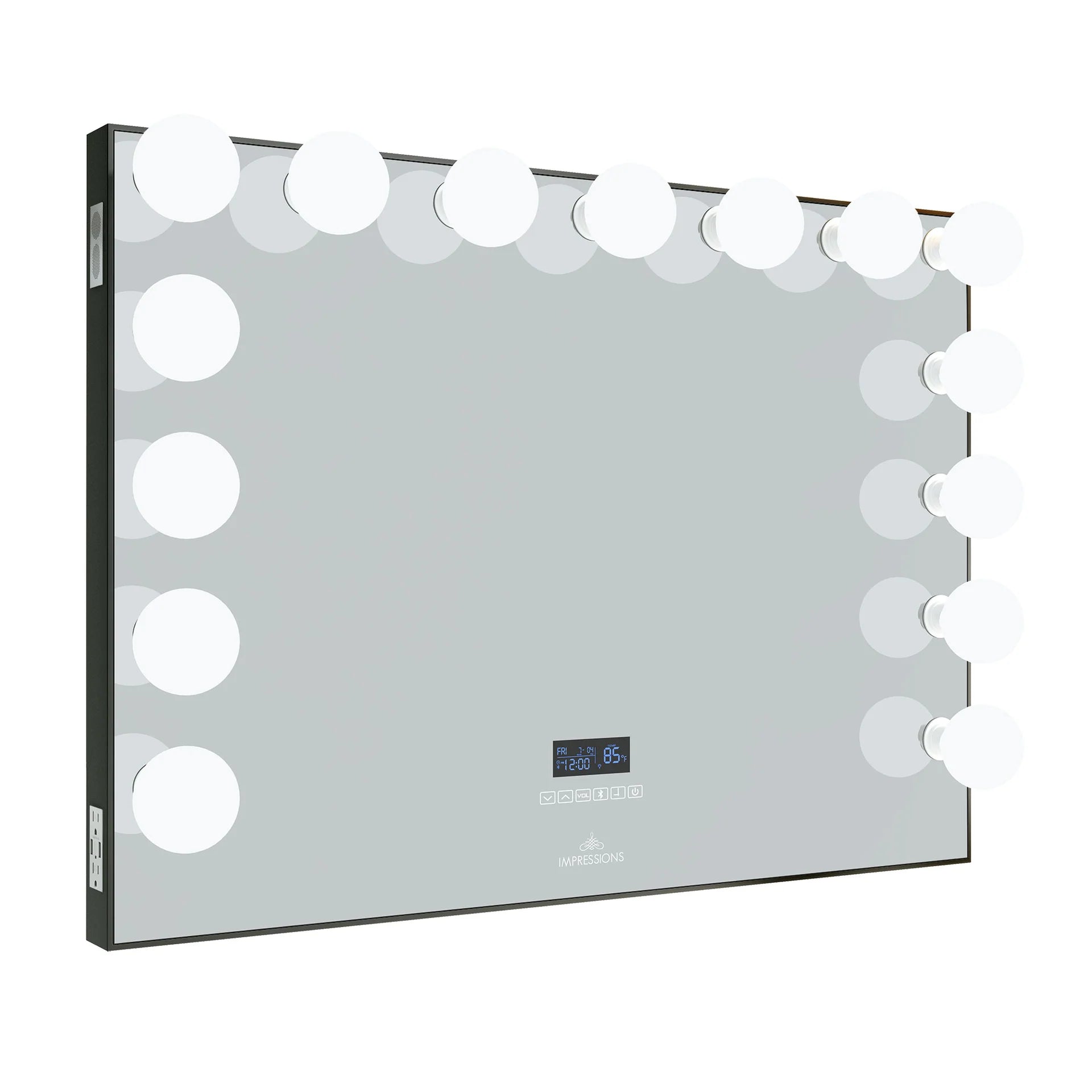 Large black Hollywood-style vanity mirror with bright LED globe bulbs, touch controls, built-in digital clock display, Bluetooth speaker, and side power outlets.