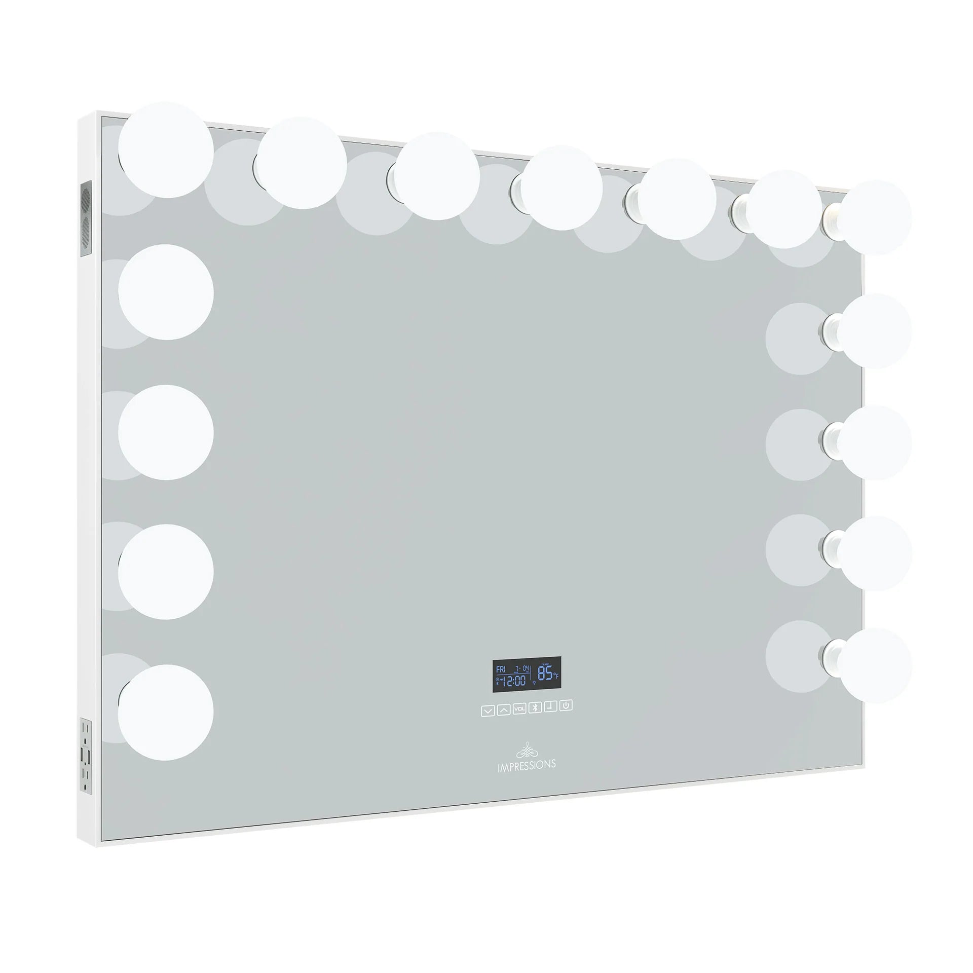 Large Hollywood-style vanity mirror with bright globe LED bulbs, touch controls, built-in clock display, and side power outlets.