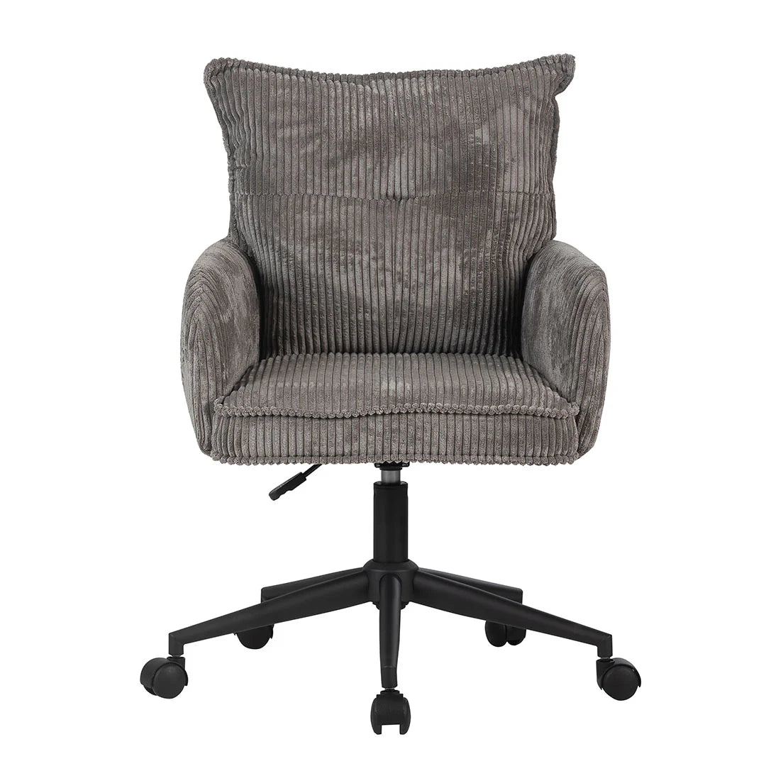 Gray corduroy office chair with black wheels on a white background
