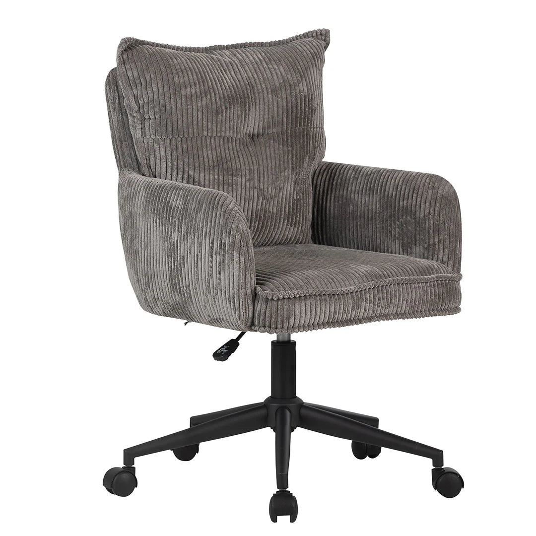 Gray corduroy office chair with black wheels on a white background