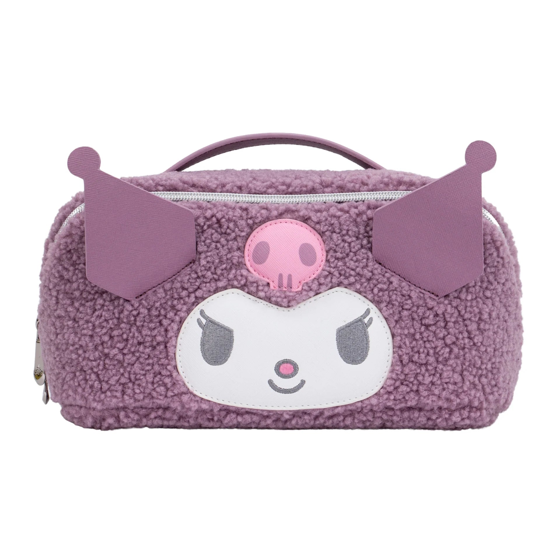 Purple plush bag with a cartoon face design on a white background