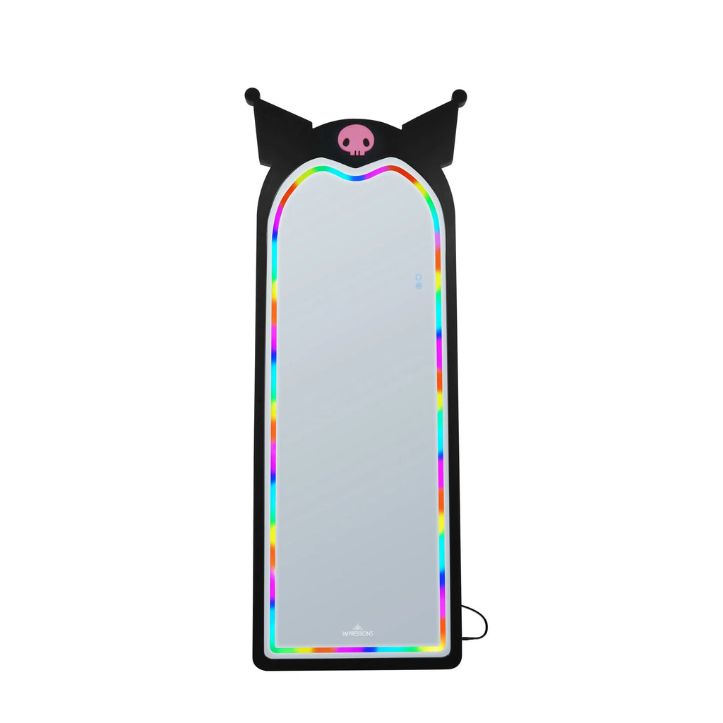 Full-length mirror with rainbow frame and black cat ears on a white background