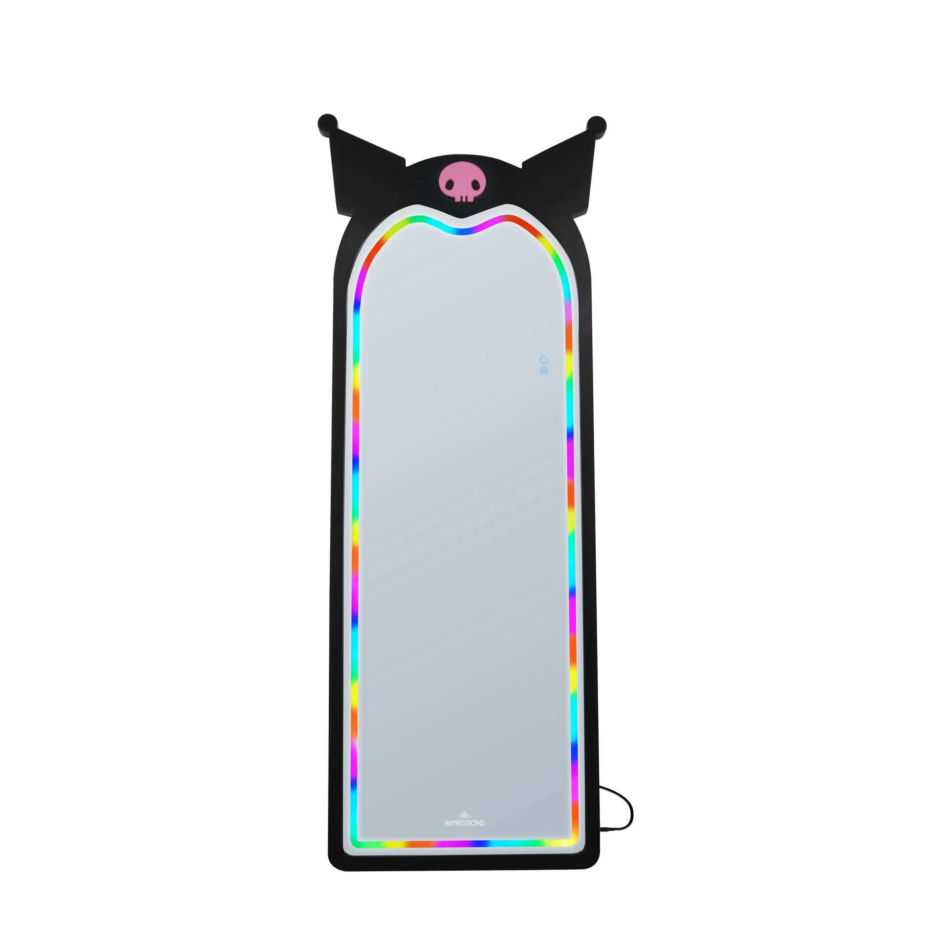 Full-length mirror with rainbow frame and black cat ears on a white background