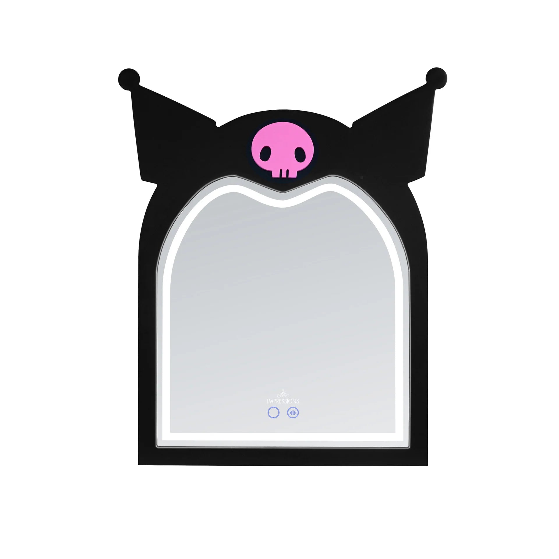 Mirror with black bat-like frame and pink skull design on a white background