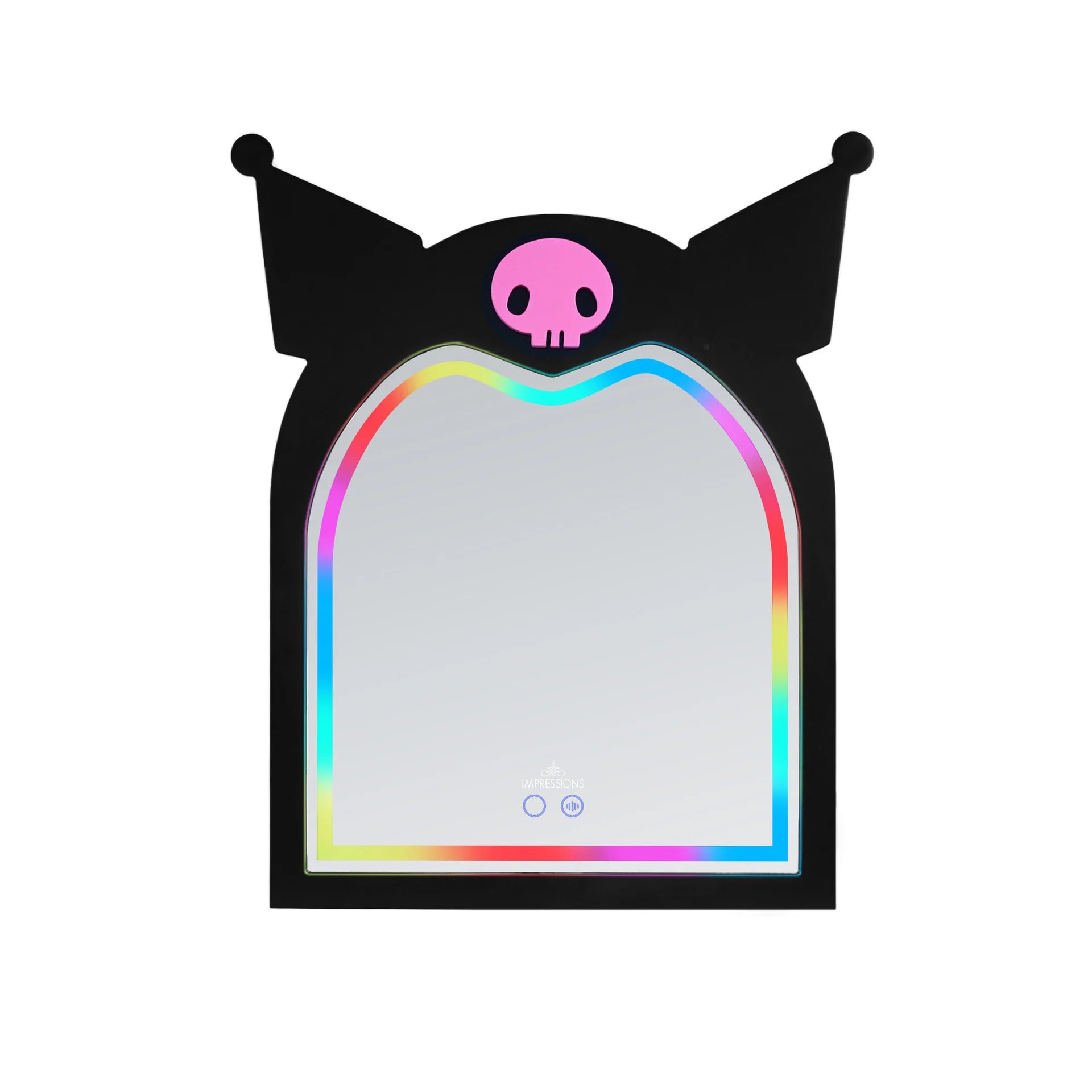 Decorative mirror with black bat-shaped frame and pink skull design on a white background
