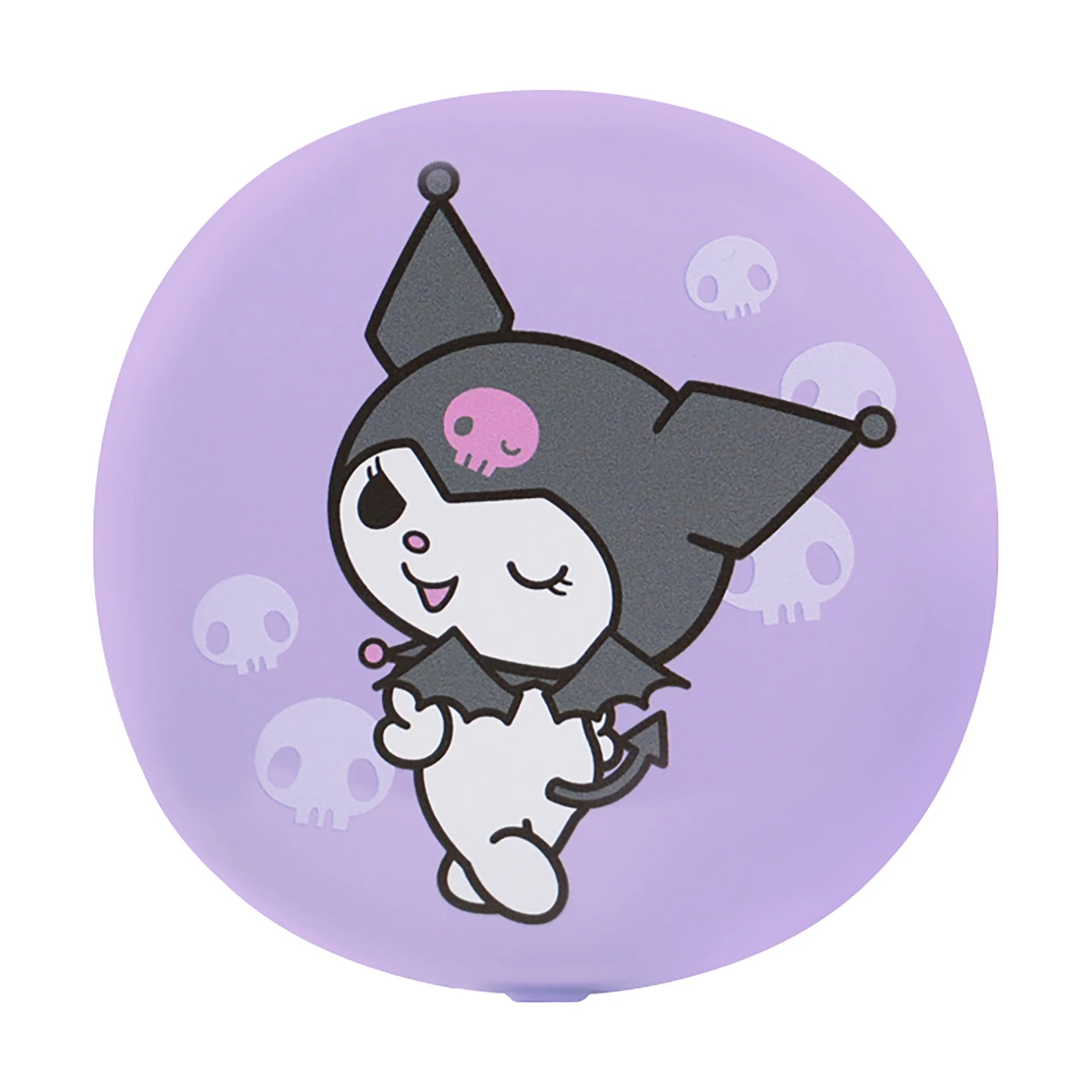 Cartoon character with a black hat and pink skull on a purple circle with small skulls