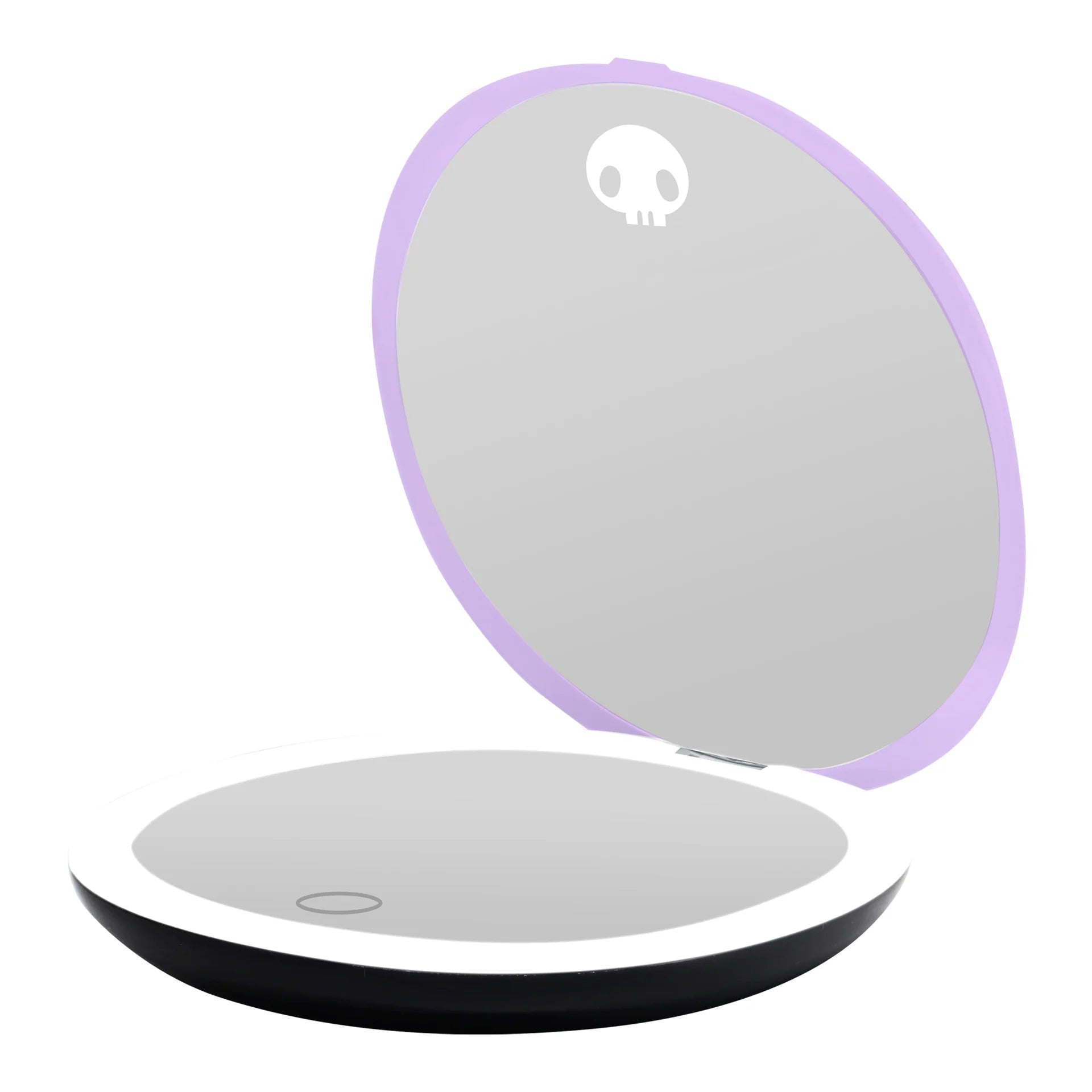 Round electronic device with a purple rim and skull logo on a white background