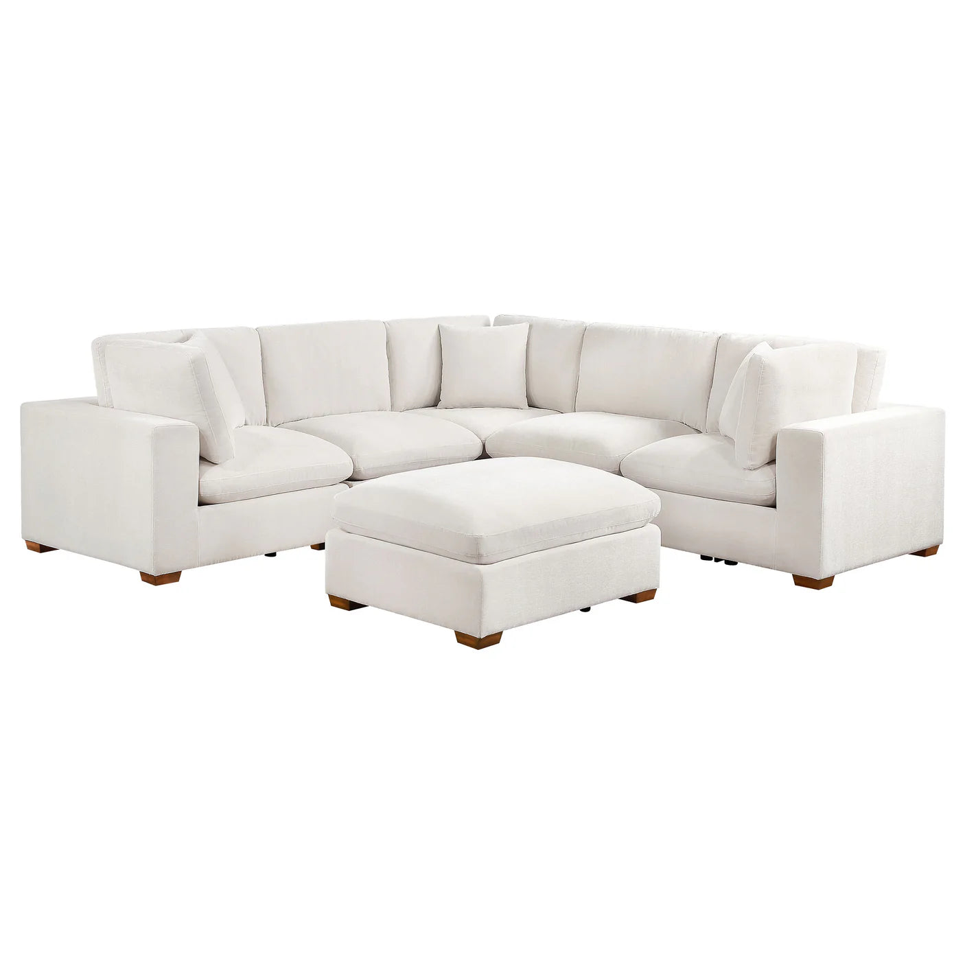 Ivory sectional sofa with ottoman on a white background