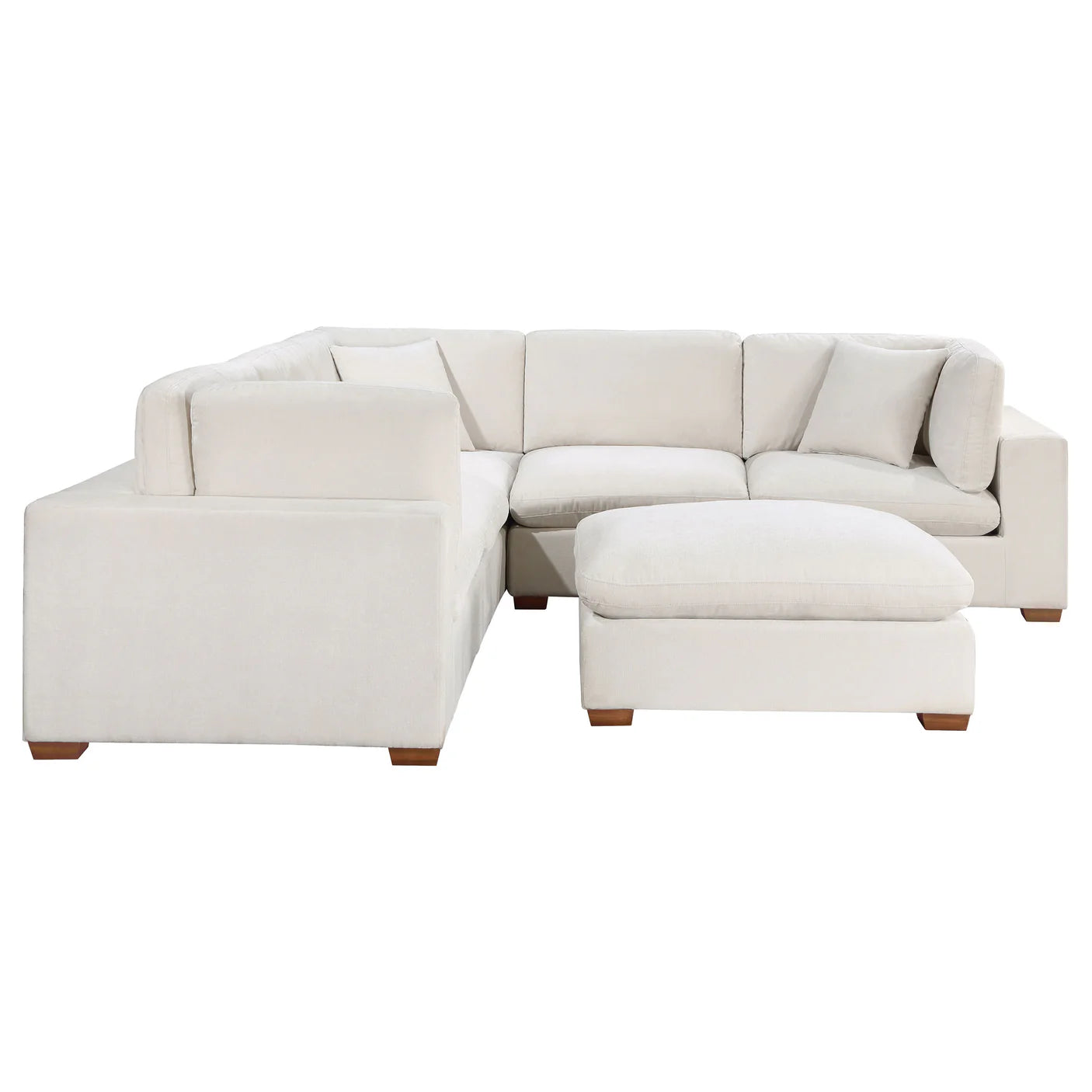 Ivory sectional sofa with ottoman on a white background