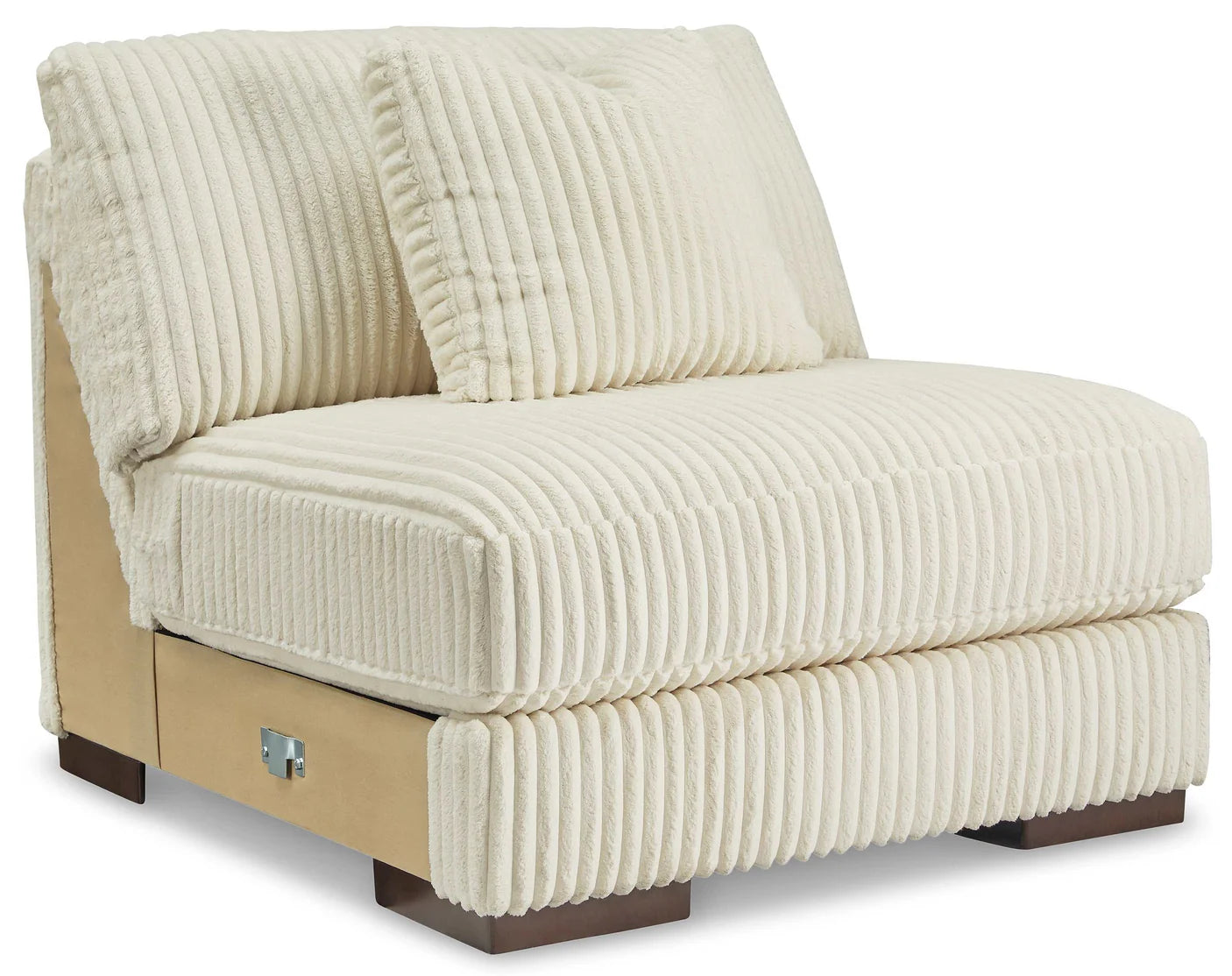 Beige and brown armchair with a textured fabric on a white background
