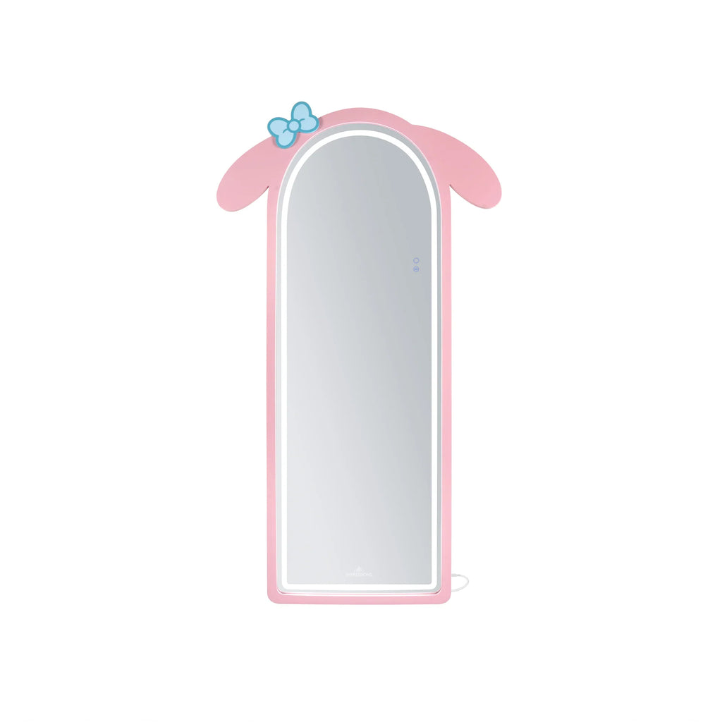 Mirror with pink frame and blue bow on a white background