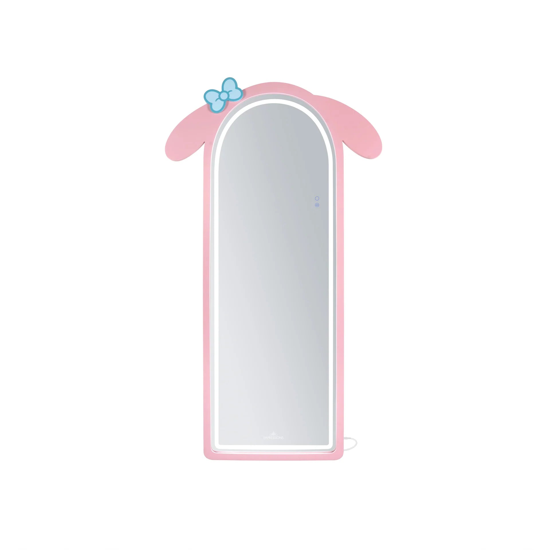 Mirror with pink frame and blue bow on a white background
