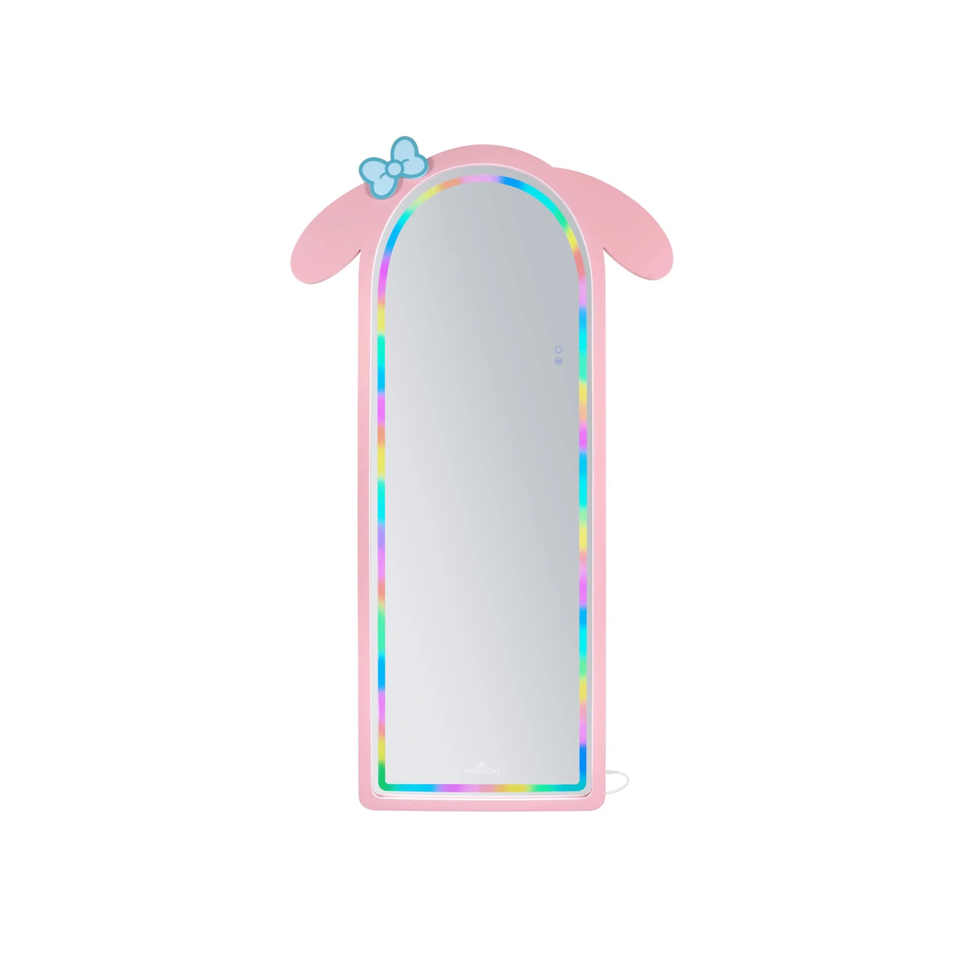 Decorative mirror with a rainbow frame and pink border on a white background