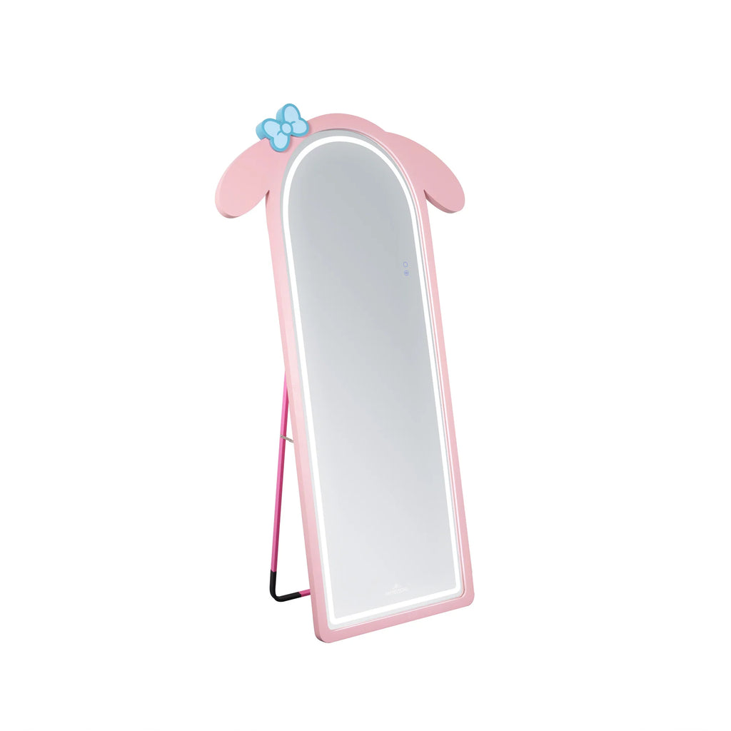 Pink mirror with a blue bow on a white background