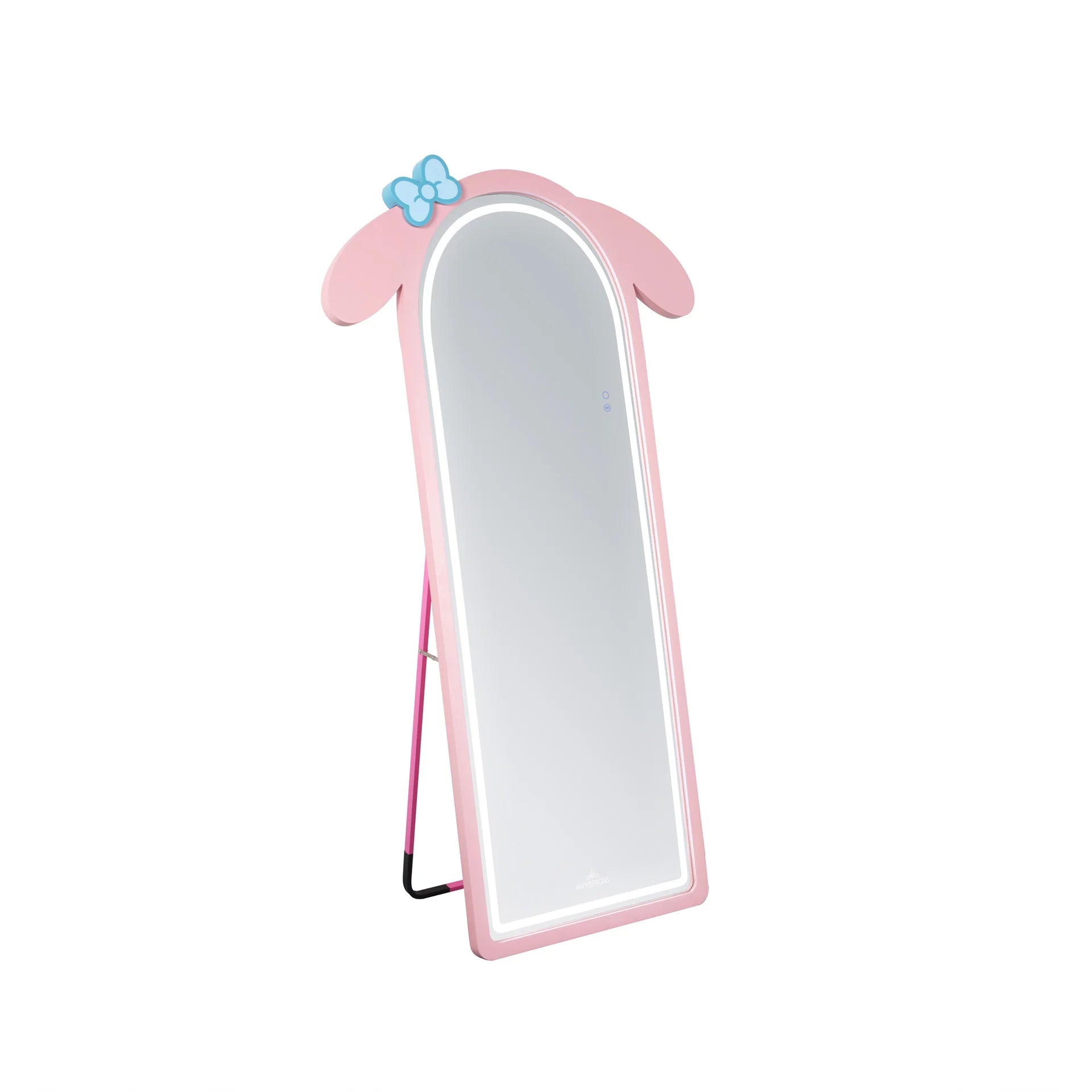 Pink mirror with a blue bow on a white background