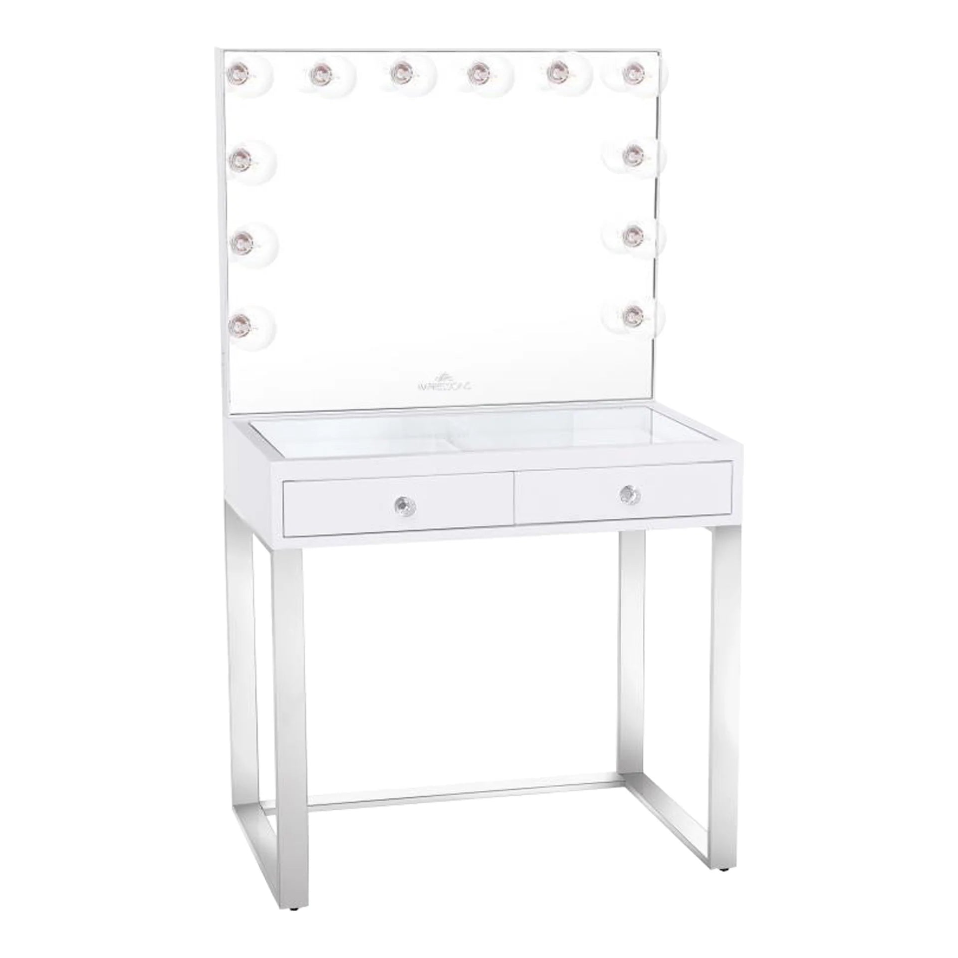 White vanity table with mirror and drawers on a white background