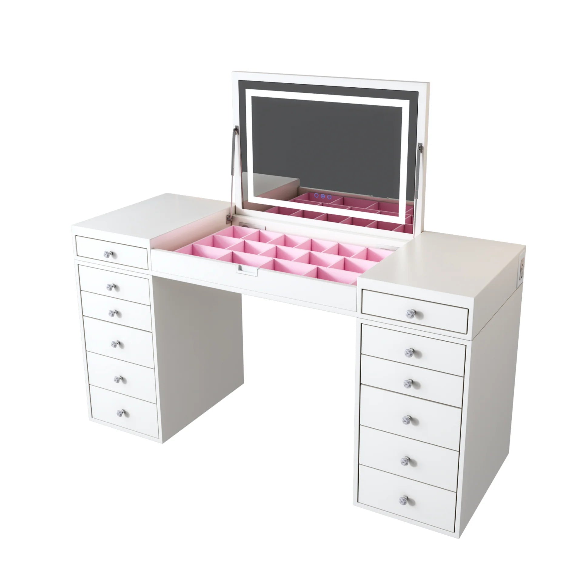 White jewelry desk with open drawers and mirror on a white background