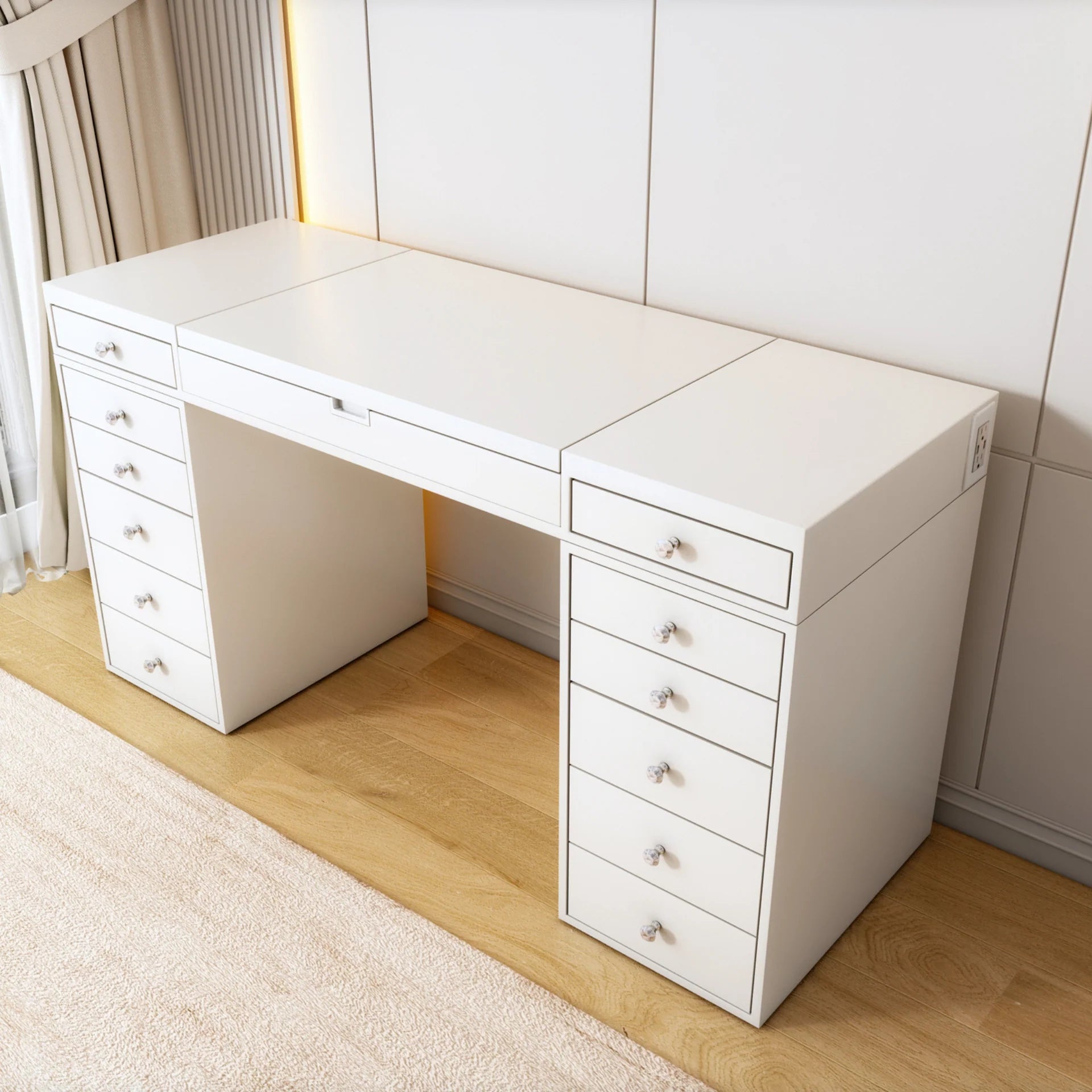 White desk with multiple drawers in a room with light wood flooring and white walls.