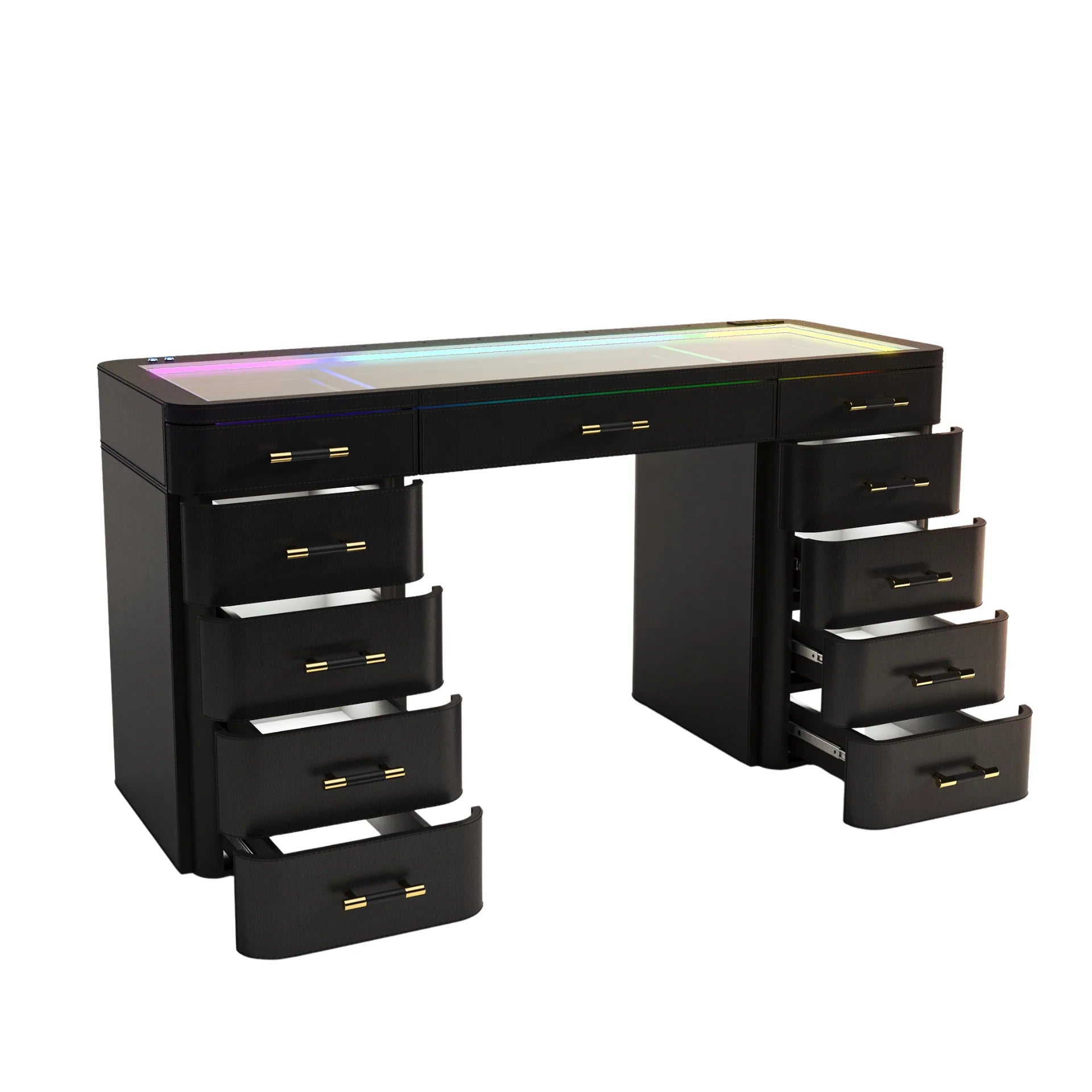 Modern black vanity desk with RGB LED glass top lighting, multiple soft-close drawers, gold hardware, and contemporary curved design.