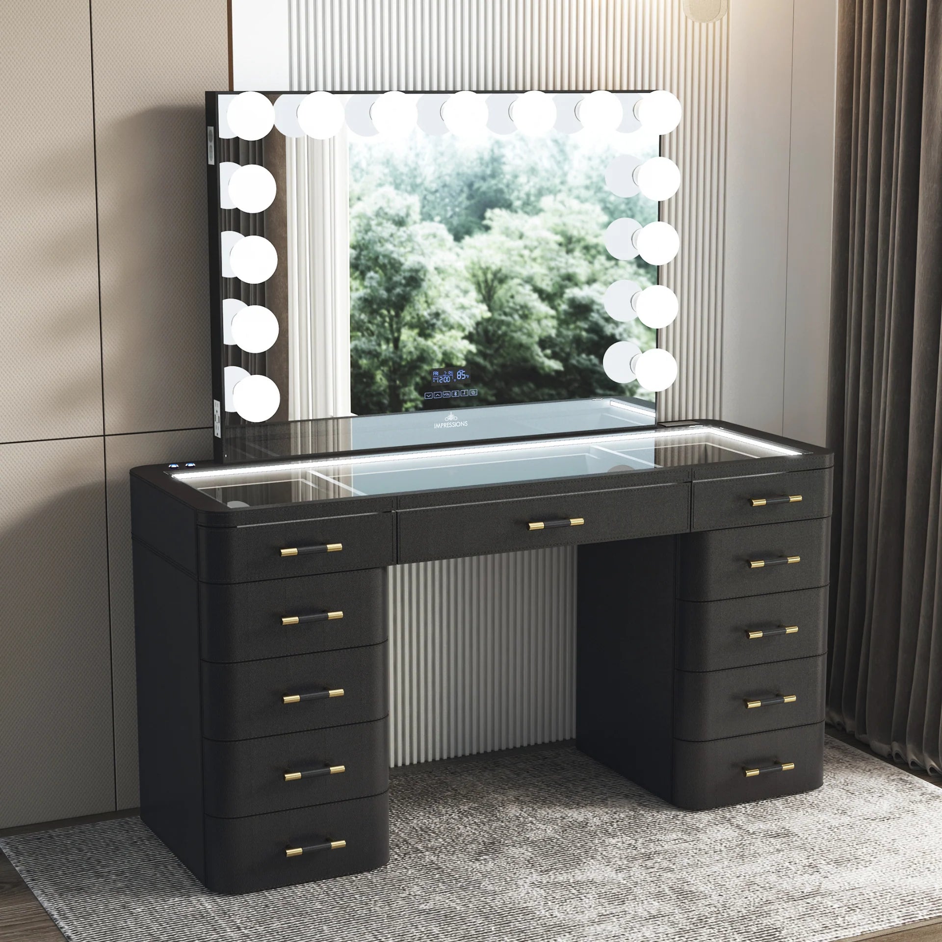 Luxury black makeup vanity set with illuminated Hollywood mirror, glass top storage compartments, LED lighting, and gold drawer handles in a modern bedroom.