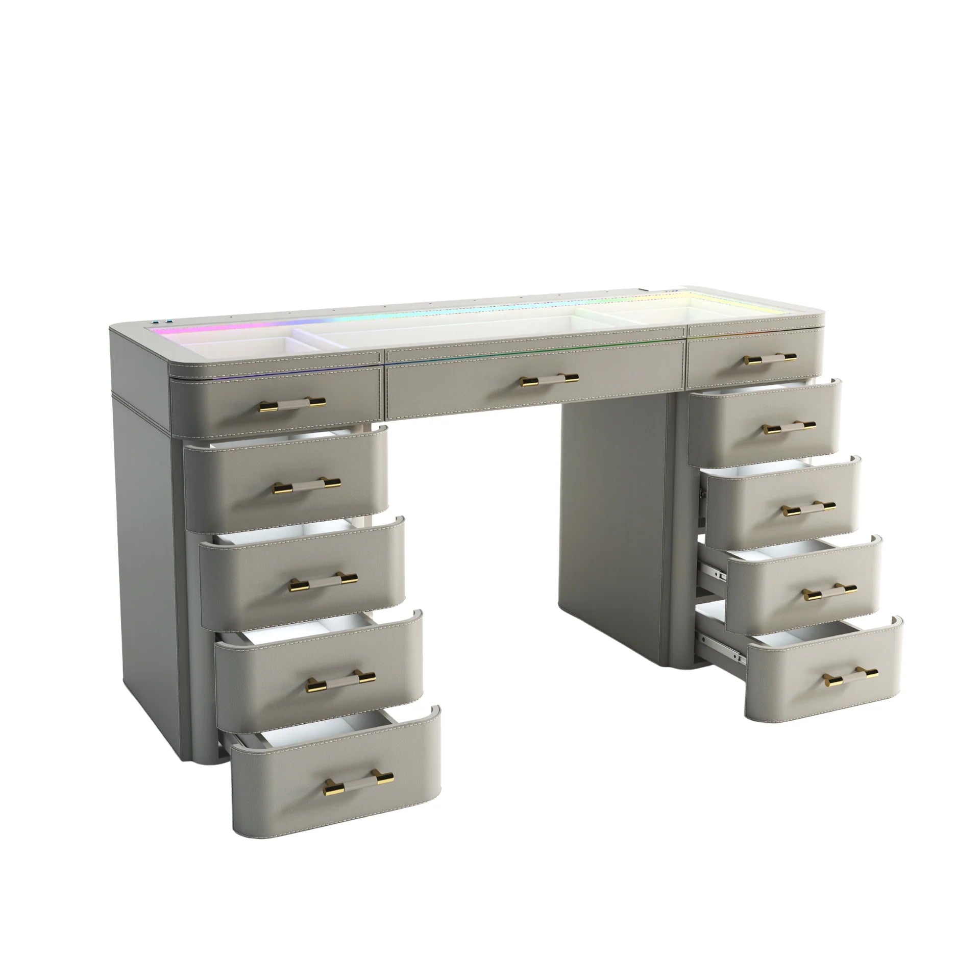 Modern light gray vanity desk with RGB LED glass top lighting, multiple soft-close drawers, gold hardware, and contemporary curved design with open drawers displayed.

