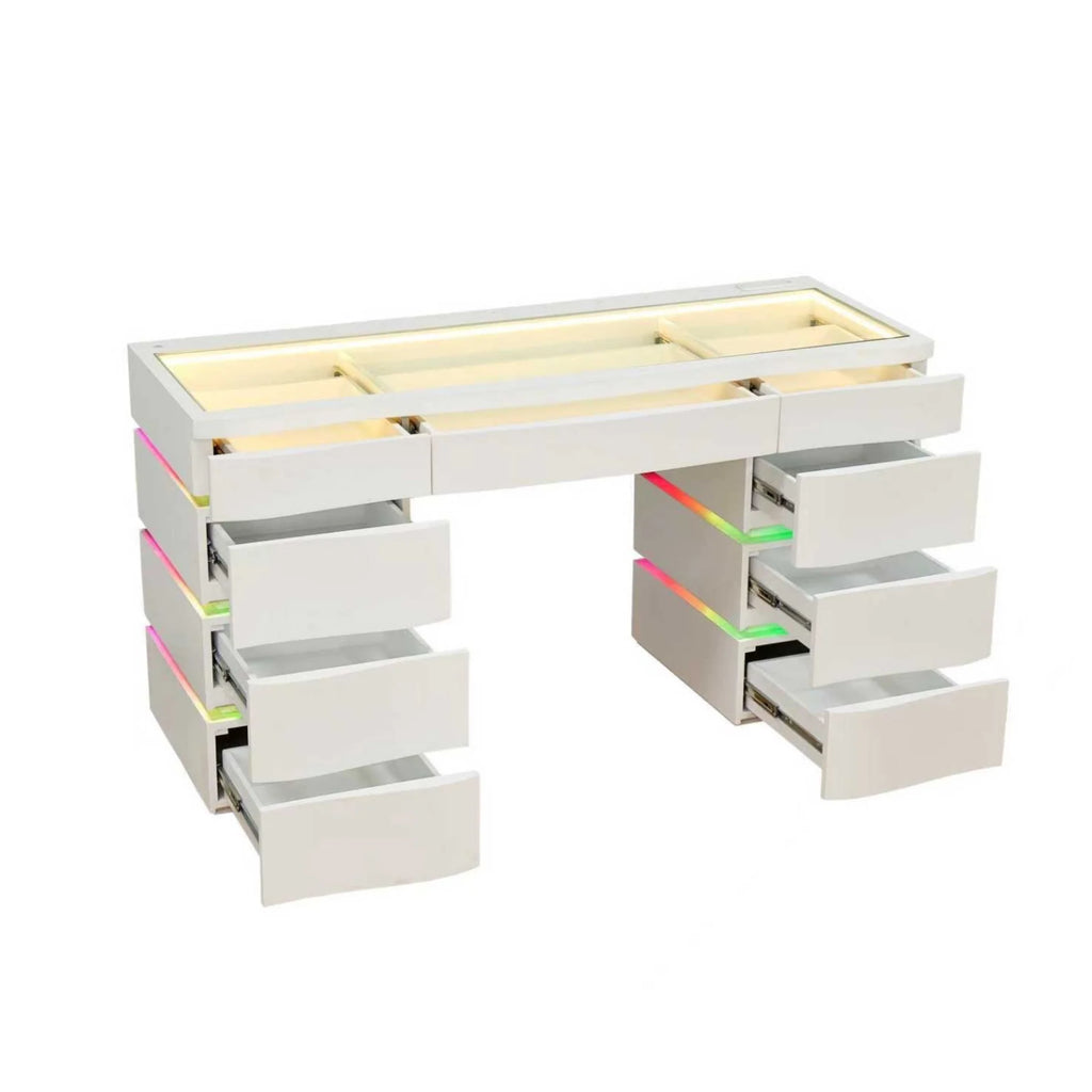 White modern vanity desk base with built-in RGB LED drawer lighting, curved edges, and glass top organizer compartments.