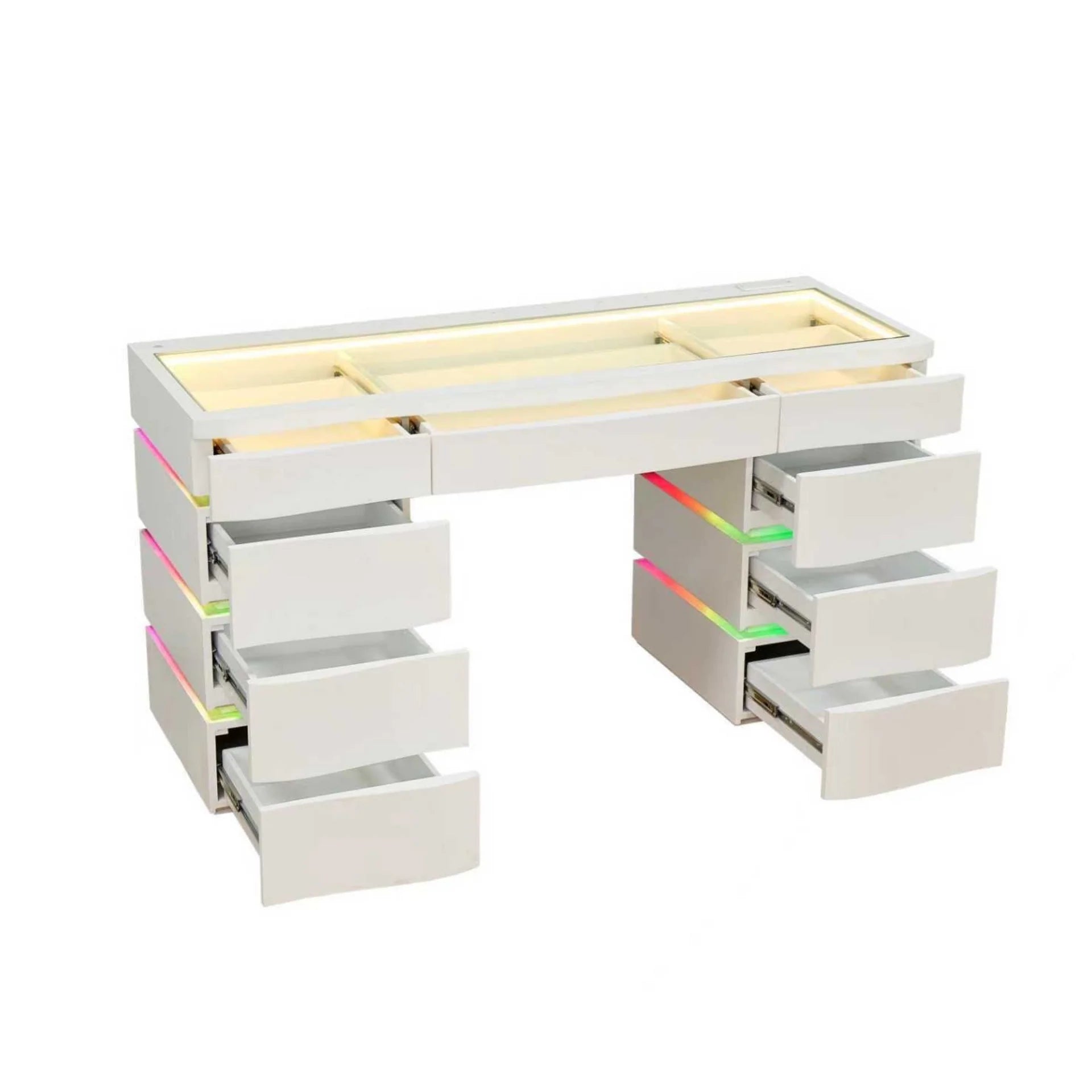 White modern vanity desk base with built-in RGB LED drawer lighting, curved edges, and glass top organizer compartments.
