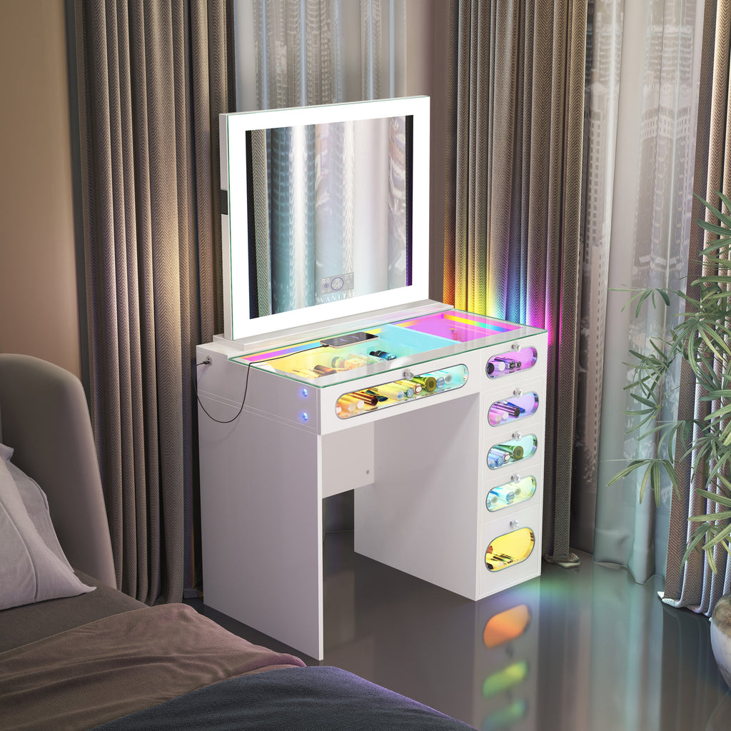 VANITII 6 Glass Fronted Drawers Vanity Desk with Marilyn Vanity Mirror
