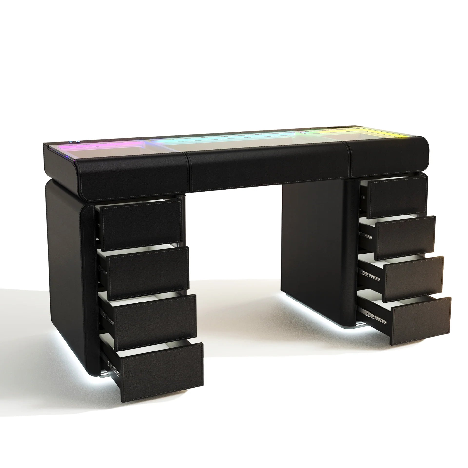 Black contemporary vanity desk with glass top organizer compartments, RGB LED lighting, soft-close drawers, and modern curved design.