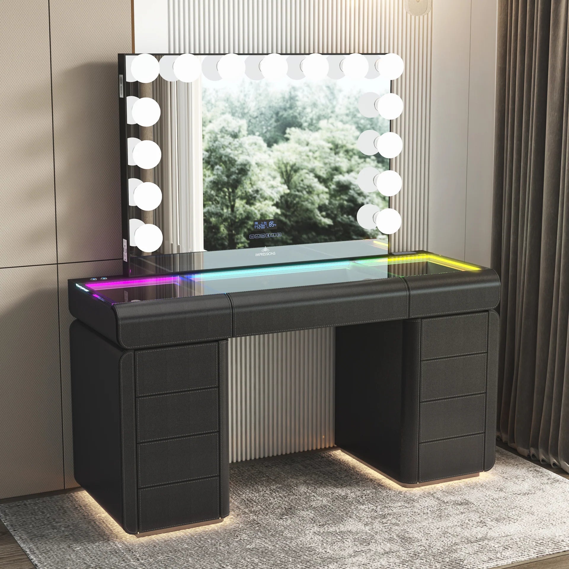 Modern black luxury vanity set with RGB LED glass top lighting, illuminated Hollywood mirror, and spacious drawer storage in a contemporary bedroom.