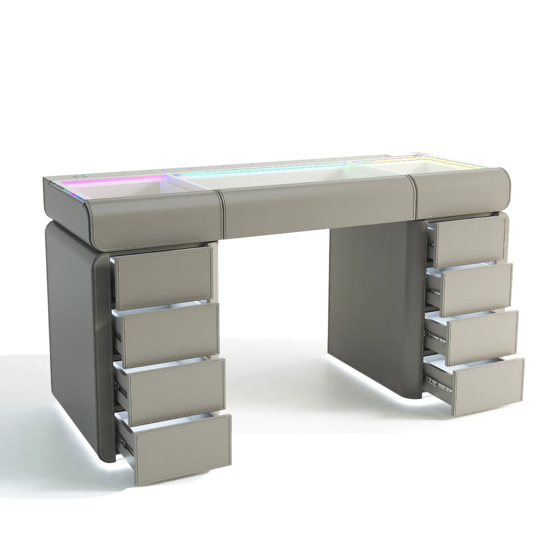 Modern gray luxury vanity desk with glass top storage compartments, RGB LED lighting, soft-close drawers, and sleek curved design.