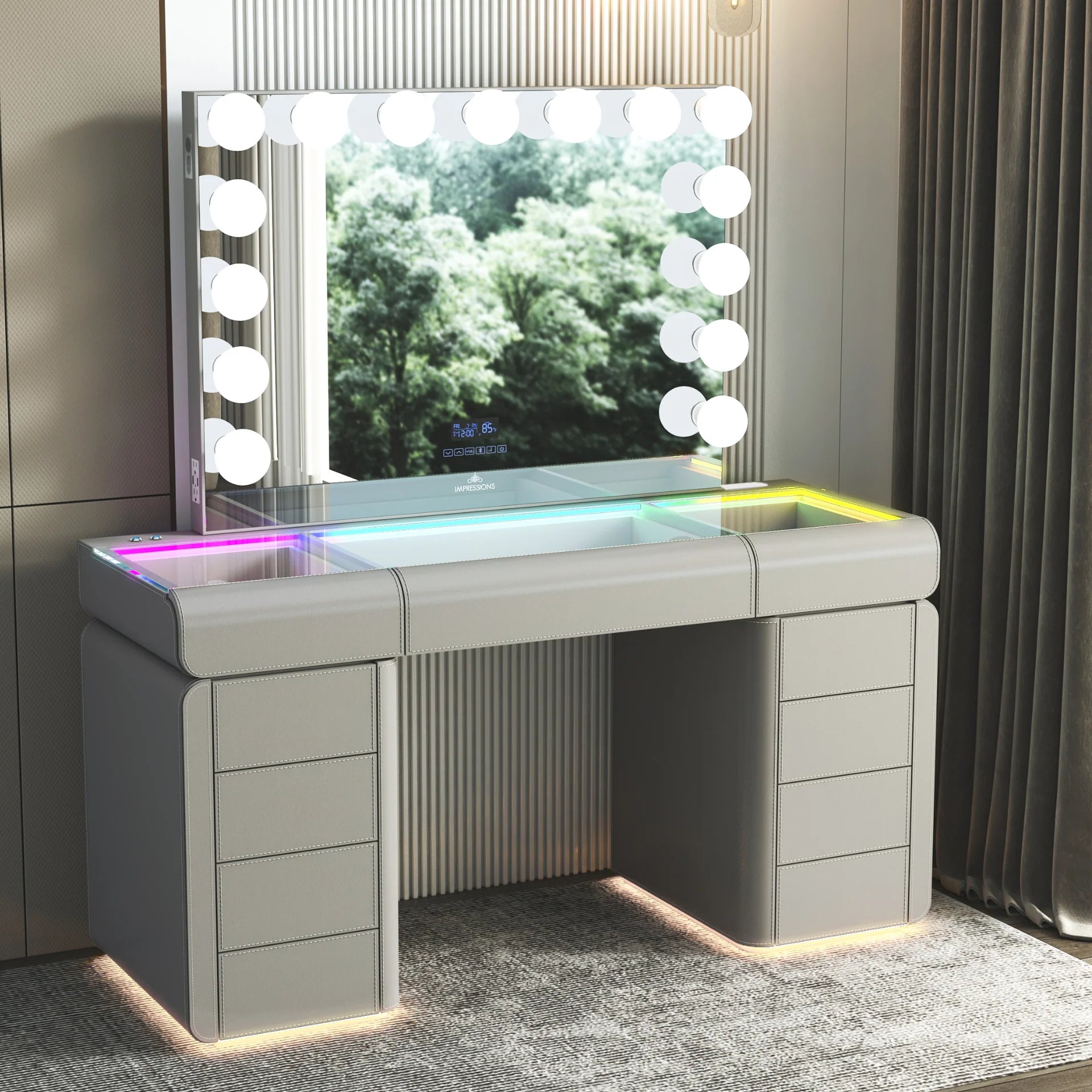 Contemporary gray makeup vanity set with illuminated Hollywood mirror, RGB glass top lighting, and multiple storage drawers in a modern bedroom setting.

