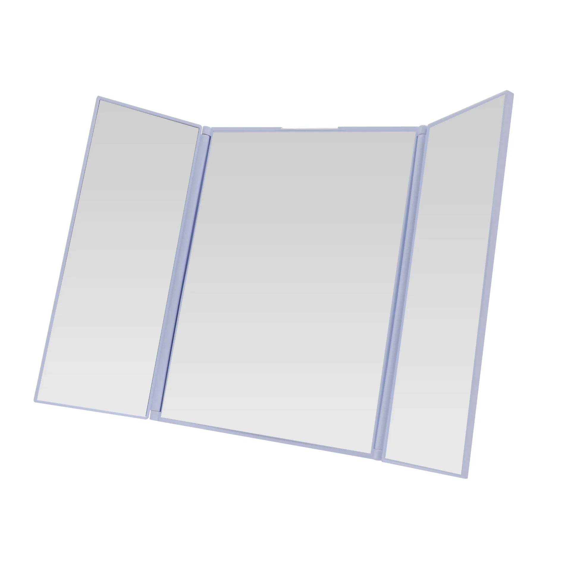 Three-panel folding display stand with clear panels and blue frames on a white background