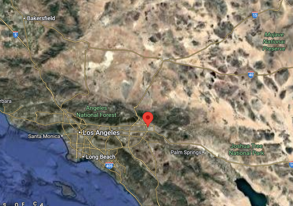 Map of Los Angeles and surrounding area with a red marker indicating a location. The location is our store.