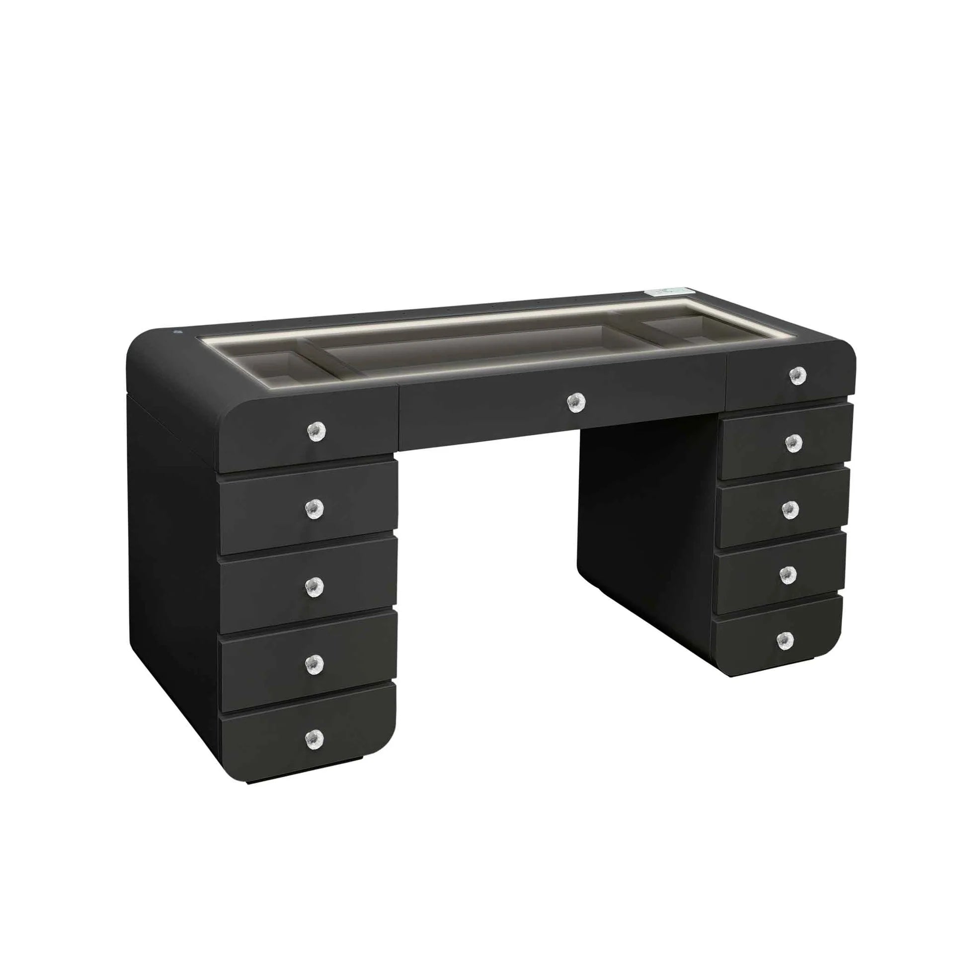 Black desk with multiple drawers on a white background