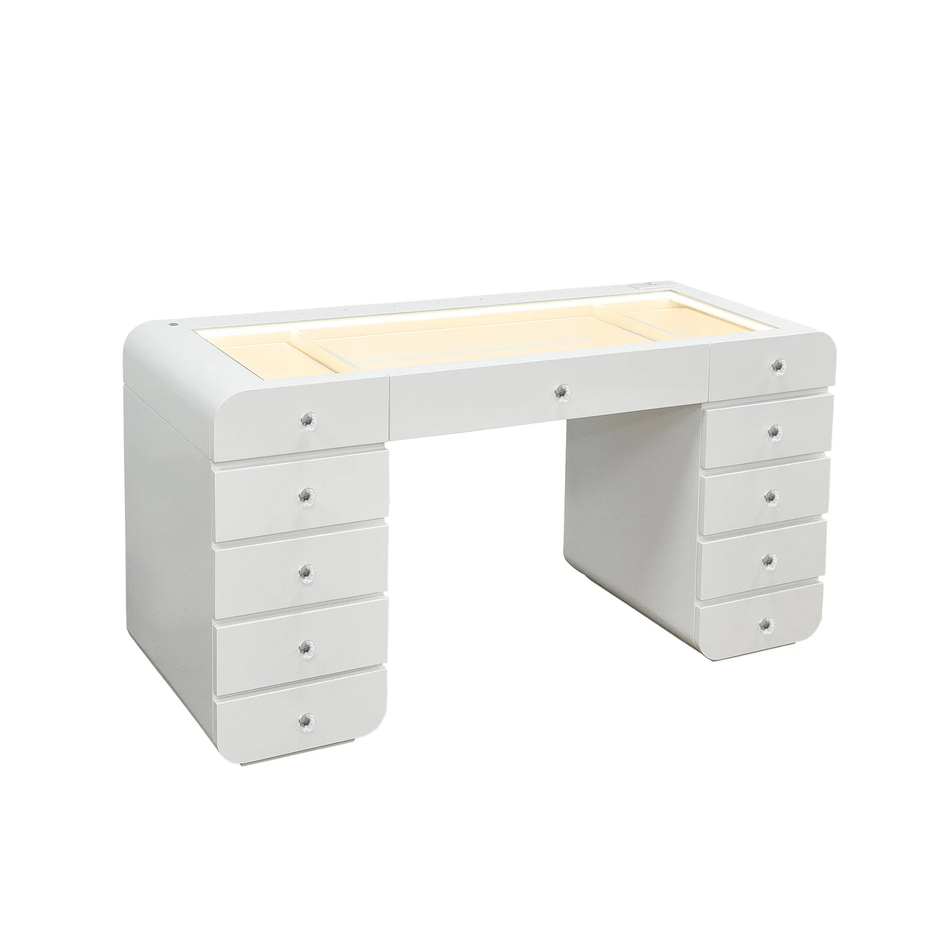White vanity desk with a light top on a white background
