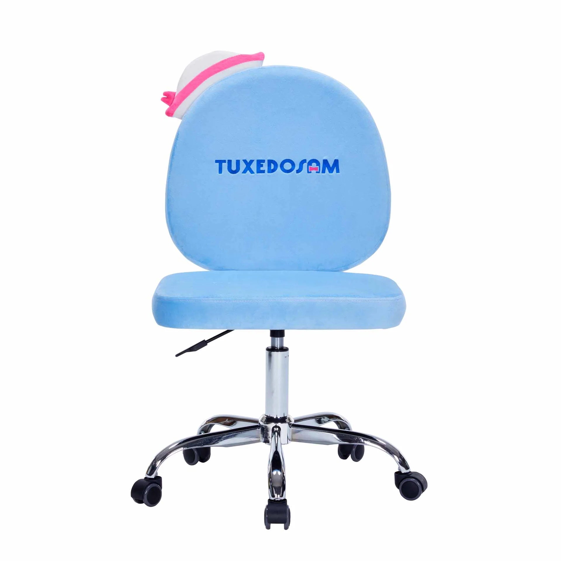 Blue office chair with a pink headrest and 'Tuxedosam' branding on a white background