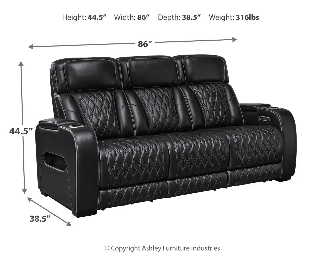 Black leather sofa with dimensions displayed on a white background.