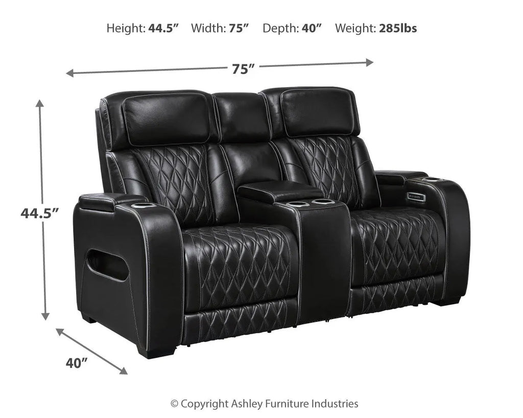 Black leather loveseat with dimensions displayed on a white background.