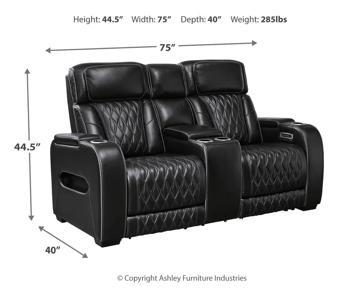 Black leather loveseat with dimensions displayed on a white background.