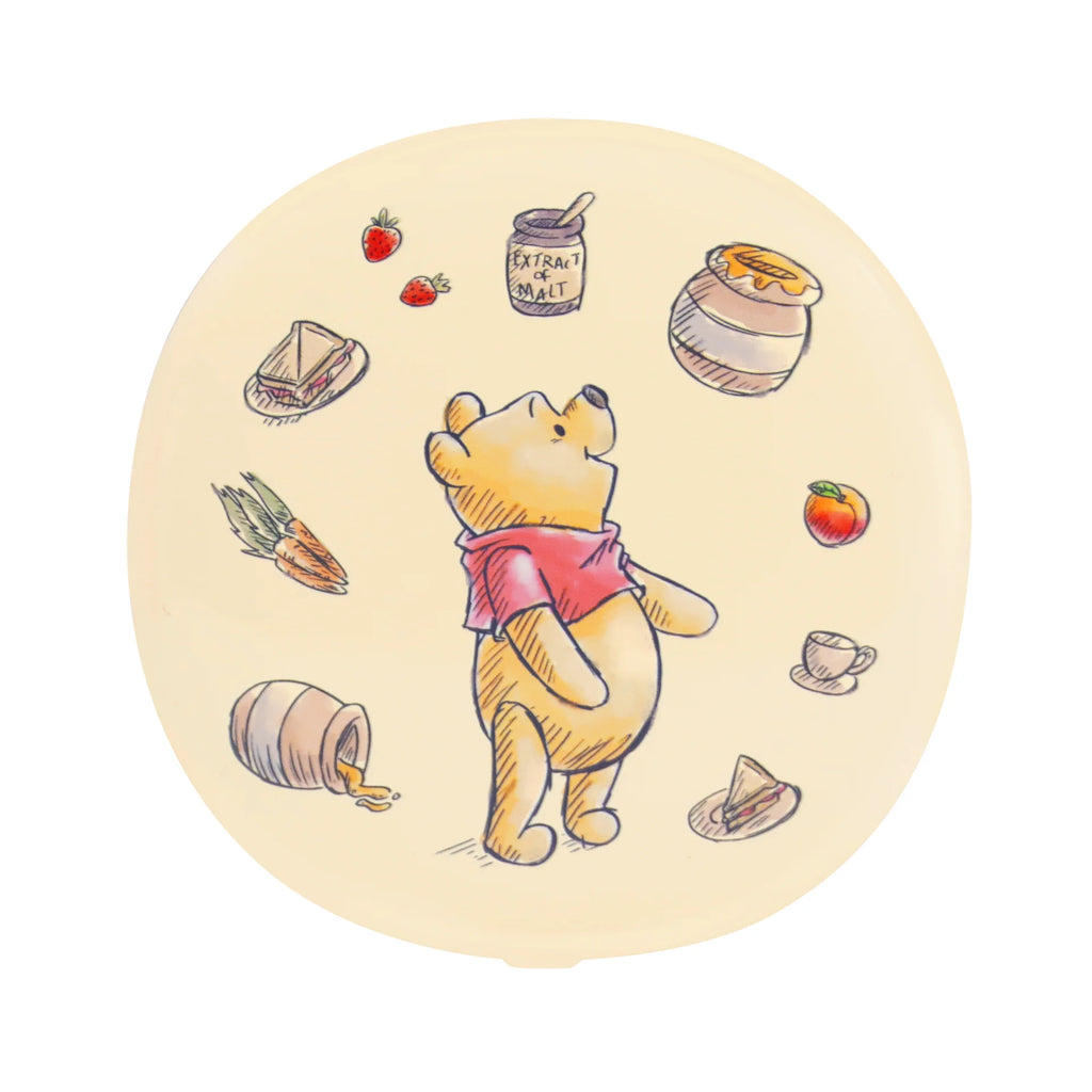 Illustration of Winnie the Pooh with honey-related items on a beige background