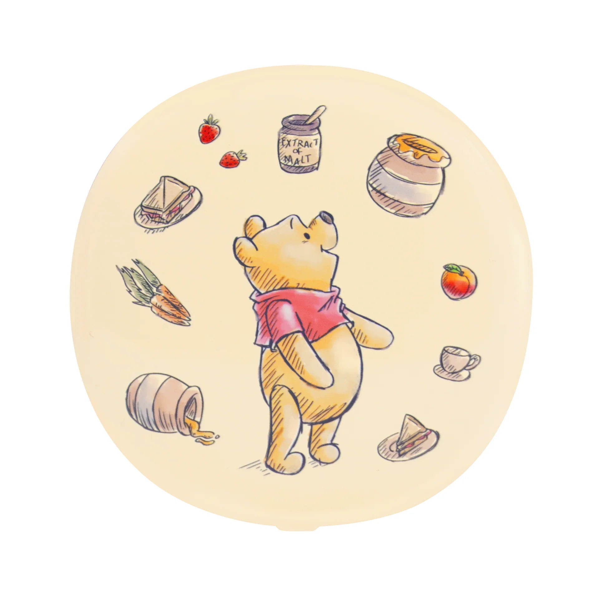 Illustration of Winnie the Pooh with honey-related items on a beige background