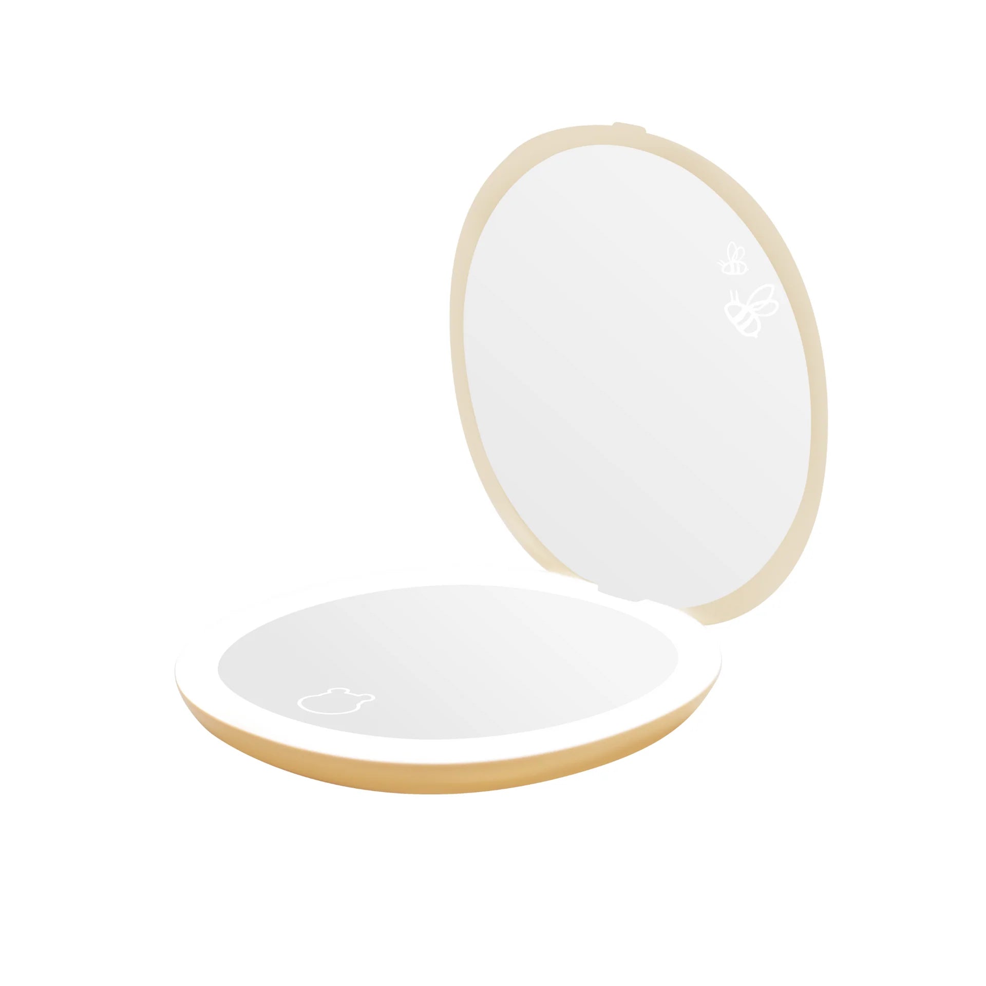 Round, light-colored makeup mirror with a white interior on a white background