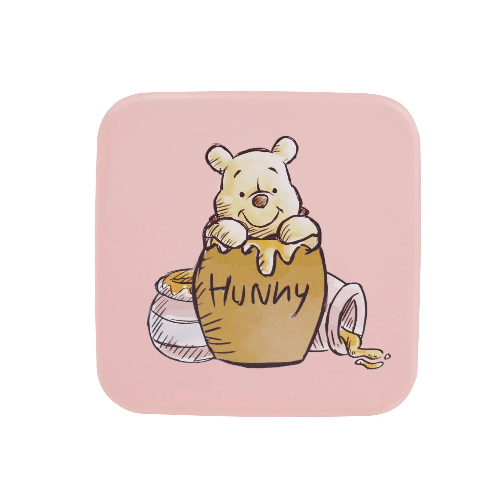 Illustration of a bear holding a honey pot with 'Hunny' on a pink background