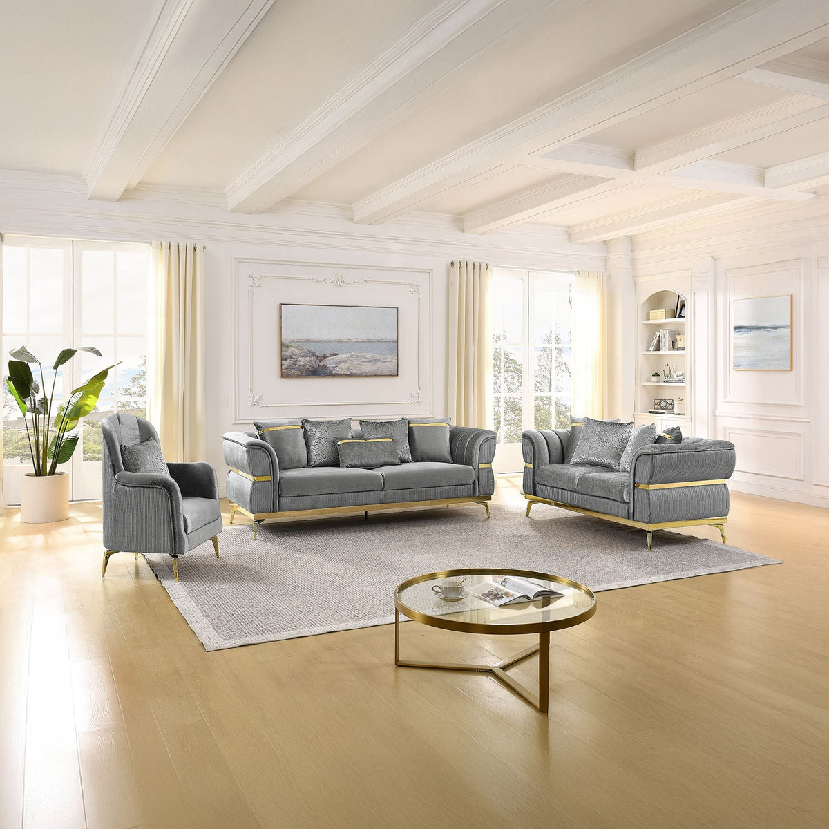 Velvet Chestfield Sofa Set In Gray