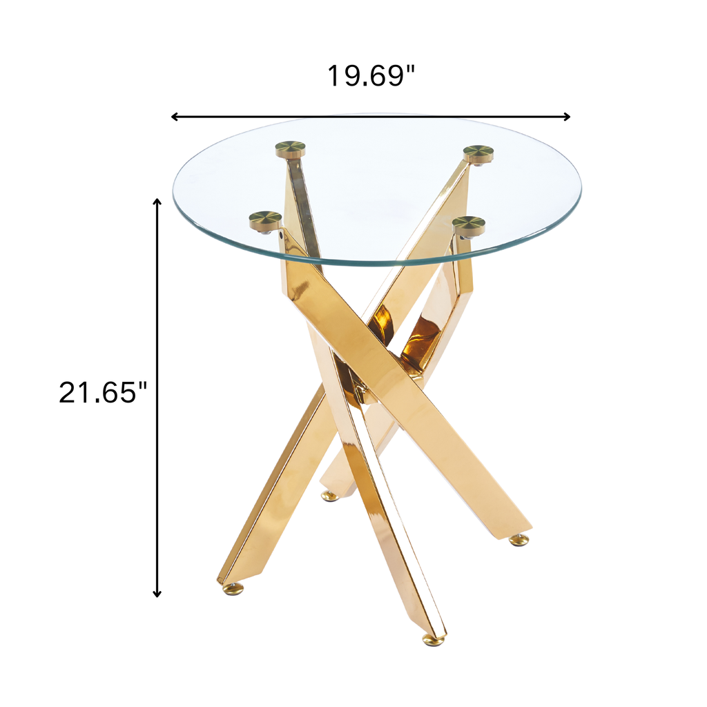 19.69" Round End Table, 8MM Clear Tempered Glass Top with Golden Crossed Metal Base, Easy to Clean
